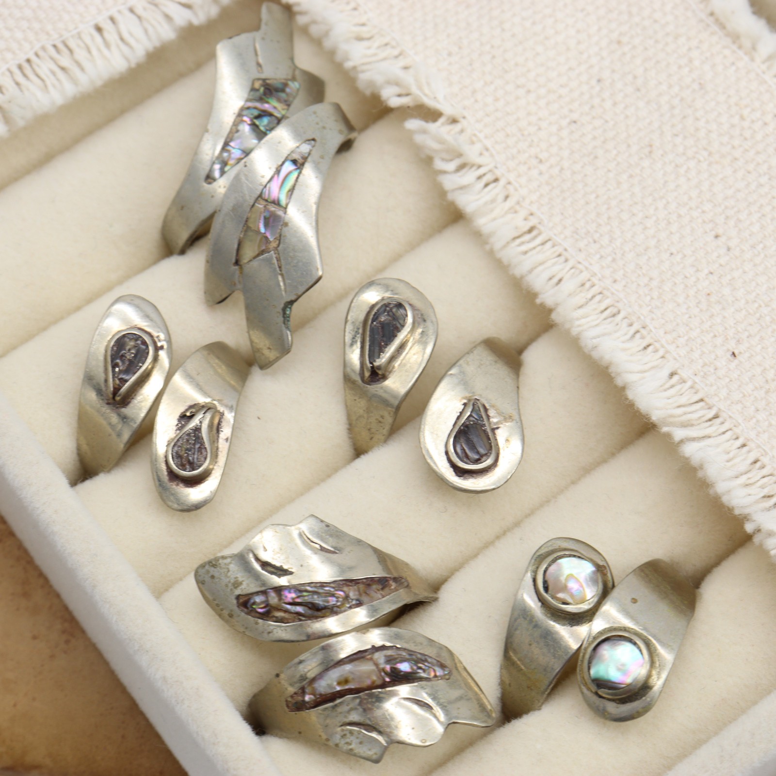 Vtg Mexico Alpaca Abalone Inlay Ring LOT 5 Wrap Shell Silver Metal Tone Mexican