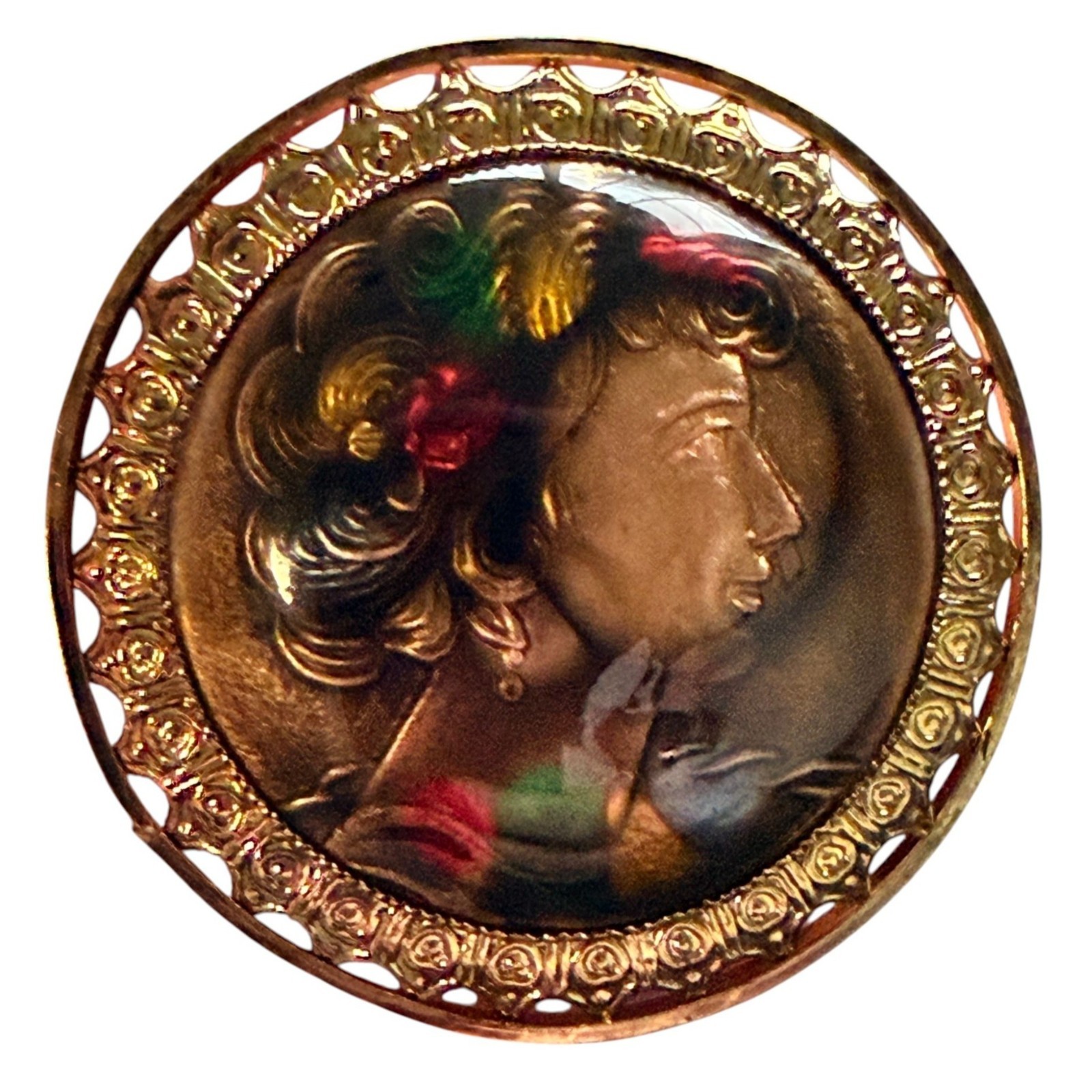 Vintage 1950s Reverse Carved Lucite Renaissance Lady Brooch New Old Stock