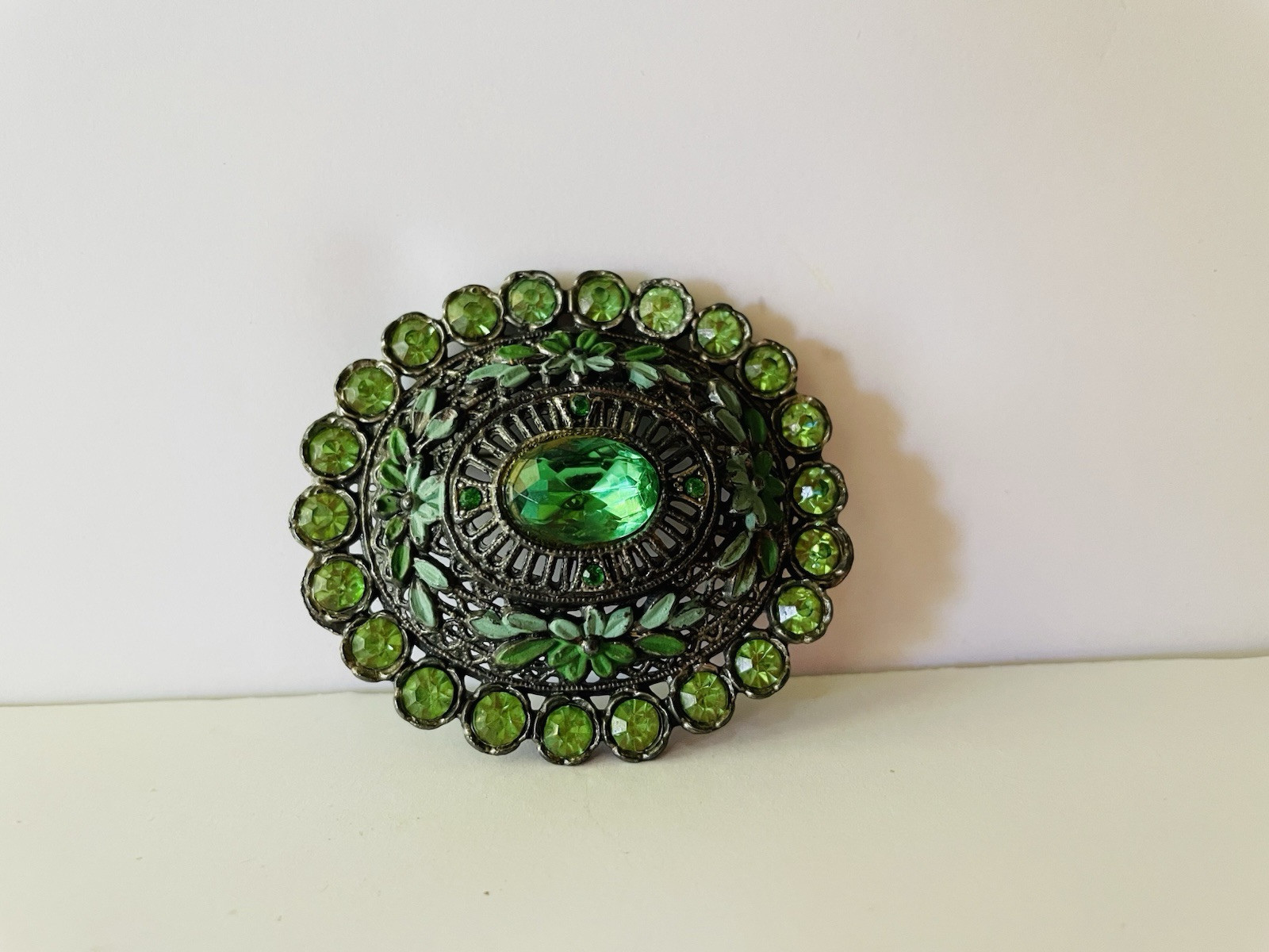 Vintage Estate Brooch Signed L/N Little Nemo Green Rhinestones Repousse Enamel