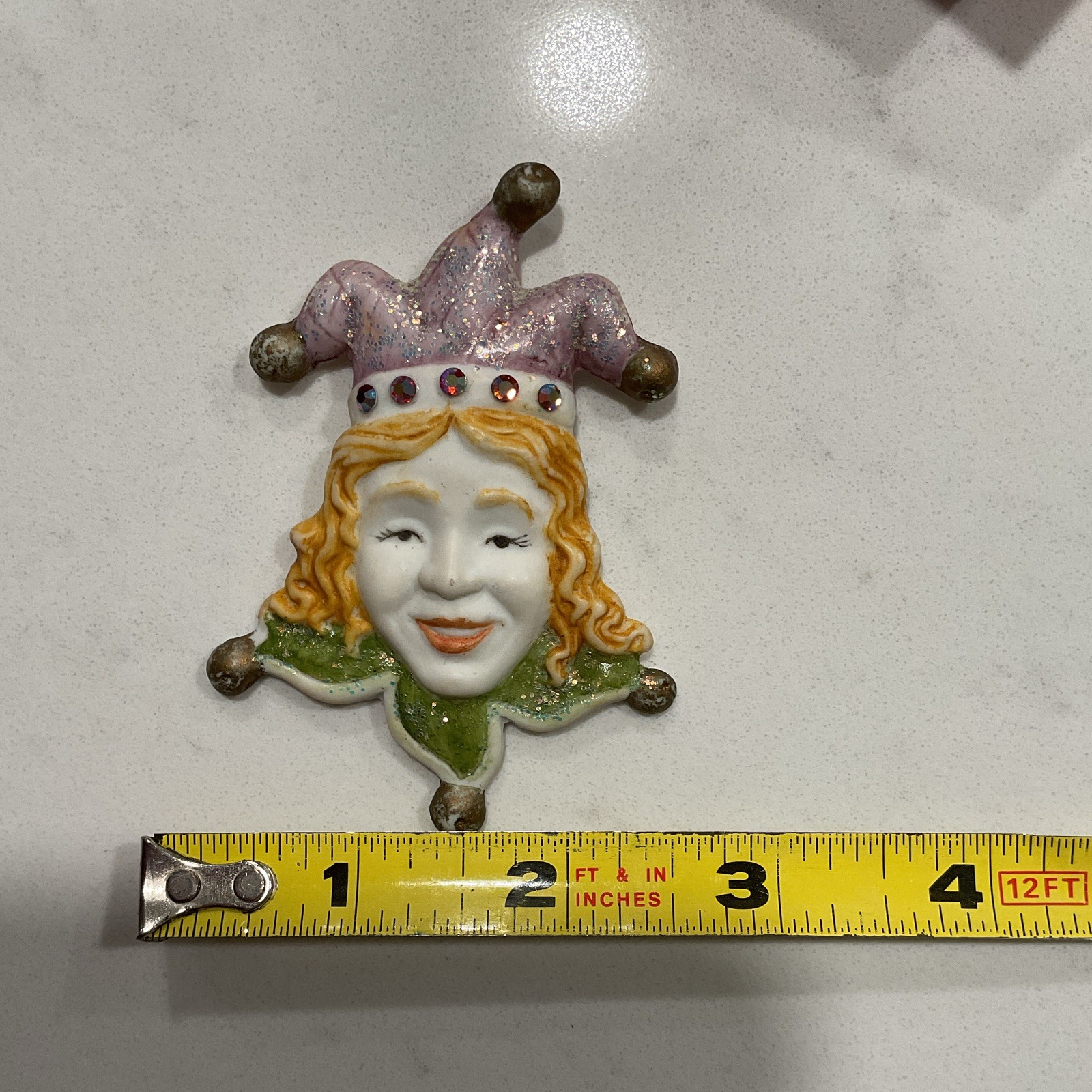 Signed 1989 Jester Ceramic Brooch Pin w/ Multicolor Rhinestones 3 in