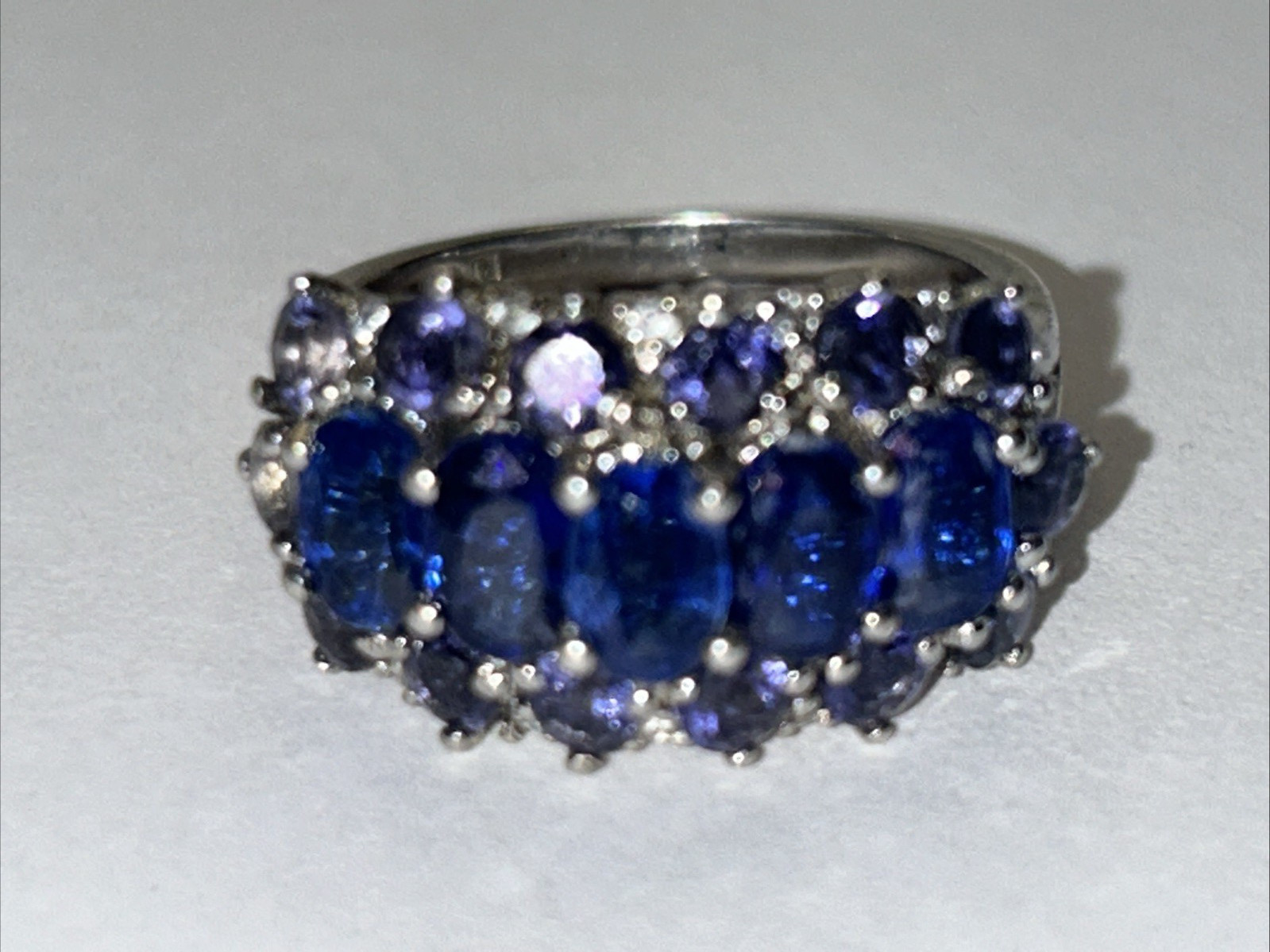STERLING SILVER lab created BLUE SAPPHIRE & AMETHYST TRIPLE ROW RI RING Sz 8 925