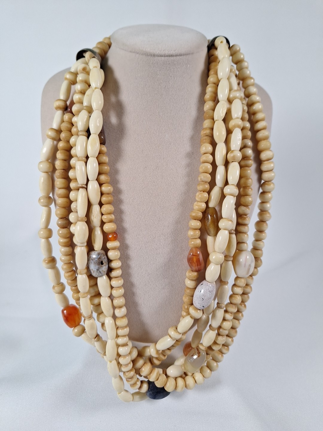 Bleached 6 Strand Tan & Beige Necklace With Agates 21.5″
