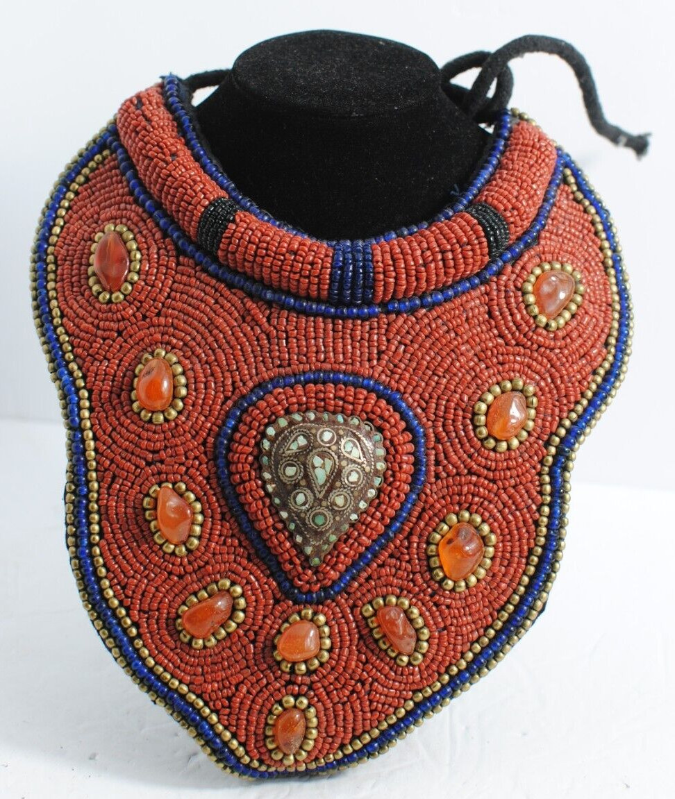Vintage Ethnic Tribal African Beaded Bib Necklace Handmade 8″ by 10″