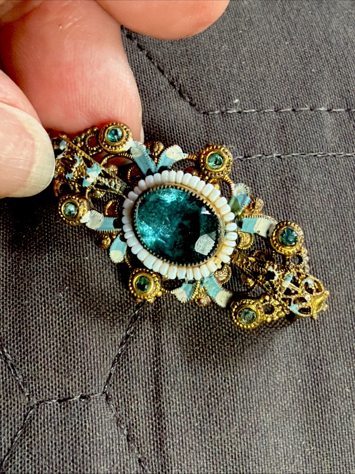 Antique Signed Czechoslov White Beads Enamel Brooch Blue Glass Stone Pin