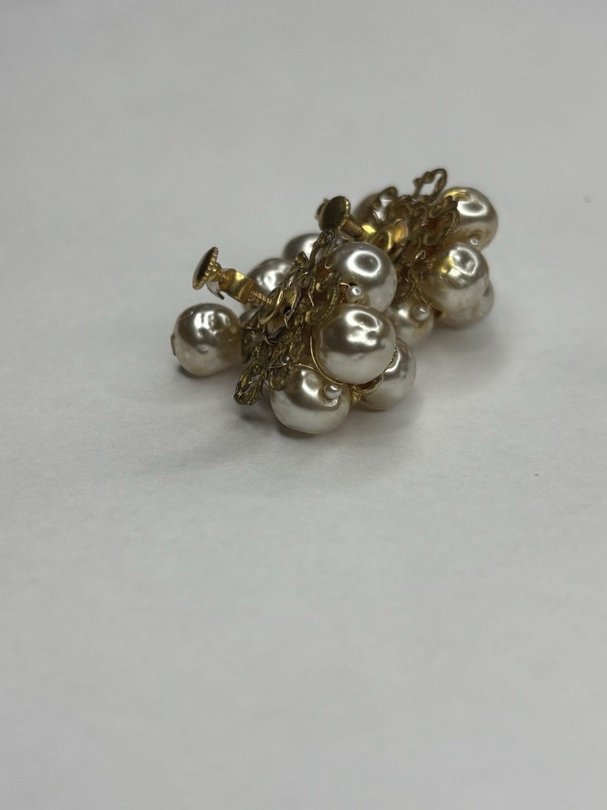 Miriam Haskell Faux Pearl Baroque Dangle Screw Back Clip Gold Tone Earrings