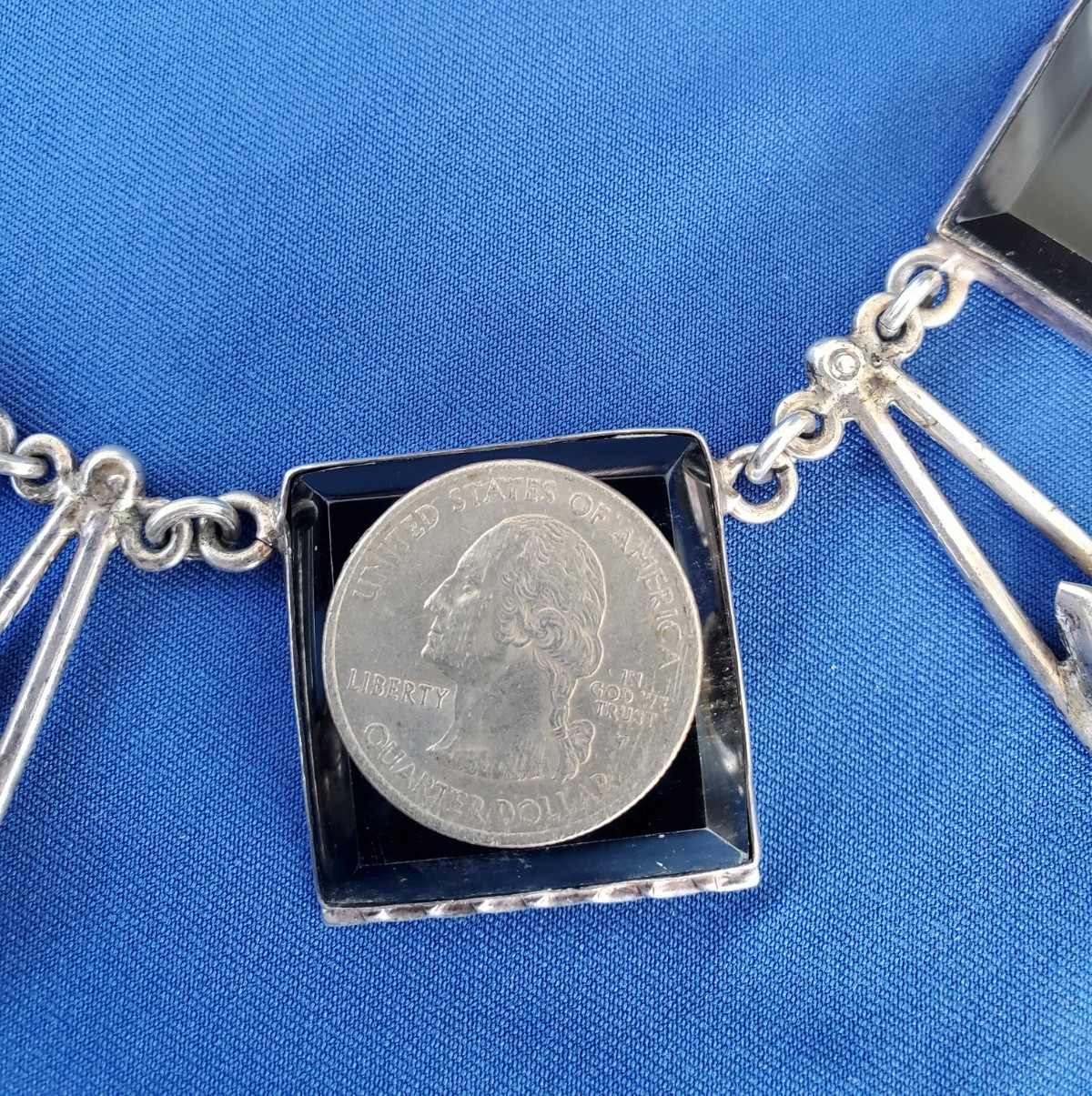 Original STERLING SILVER 925 Deco Onyx Modernist Necklace 186 Gr Vintage 18″ In