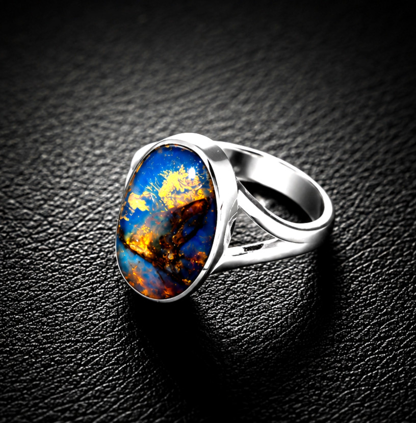 Natural Unique Deep Blue Amber 925 Sterling Silver Ring US#7.25