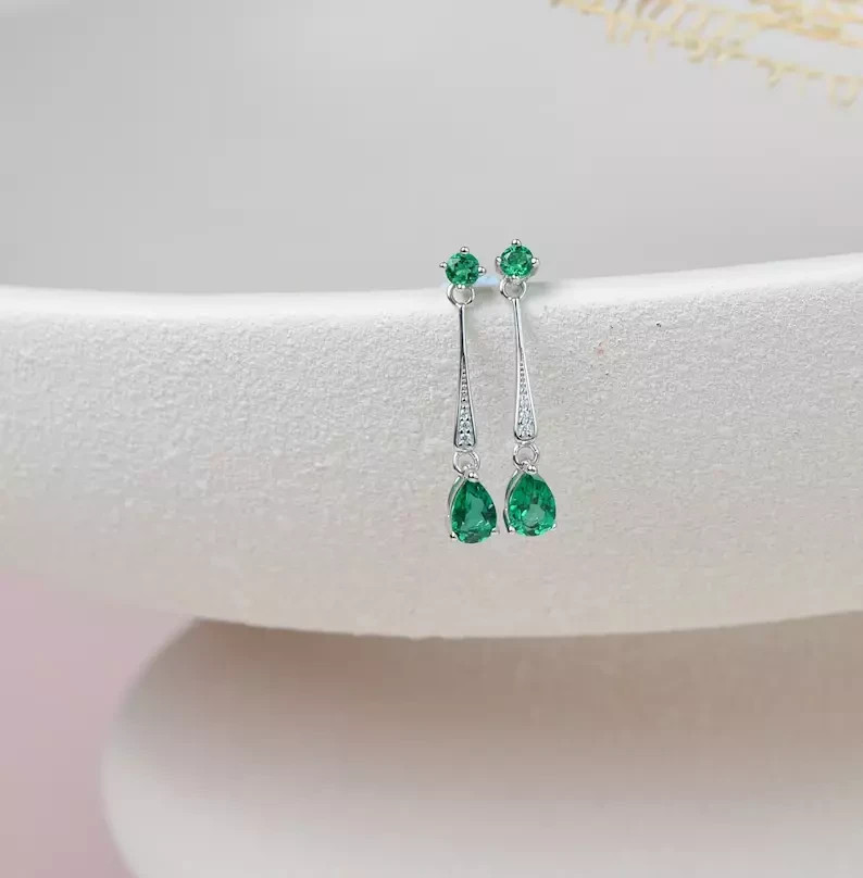 Pear Cut Lab Created Emerald Diamond Woman’s Special Earring 14K White Gold FN