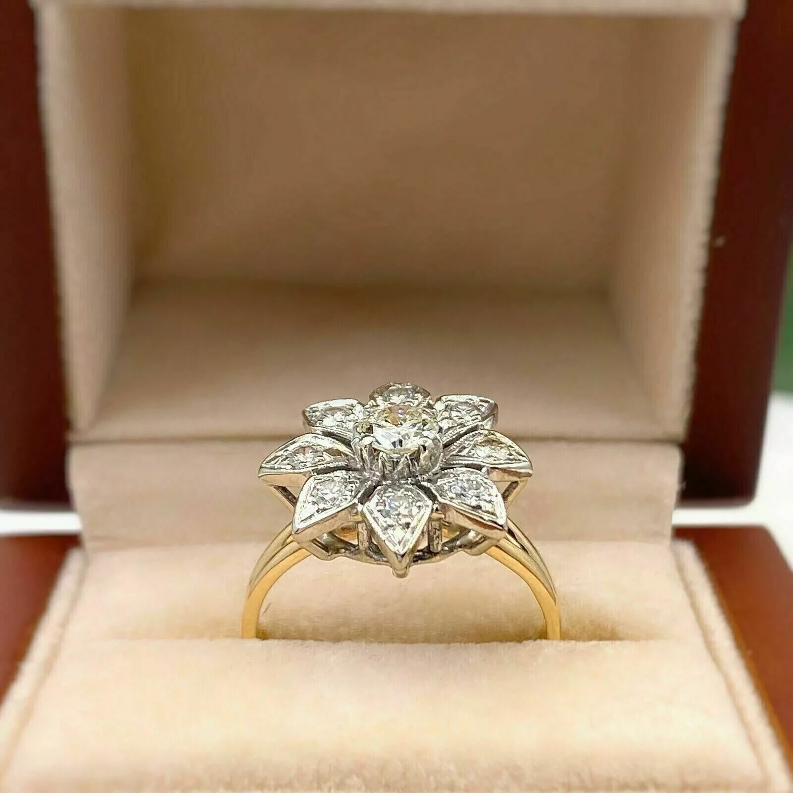 2Ct Art Deco Flower Round Cut Lab Created Diamond 14K Gold FN Anniversary Ring