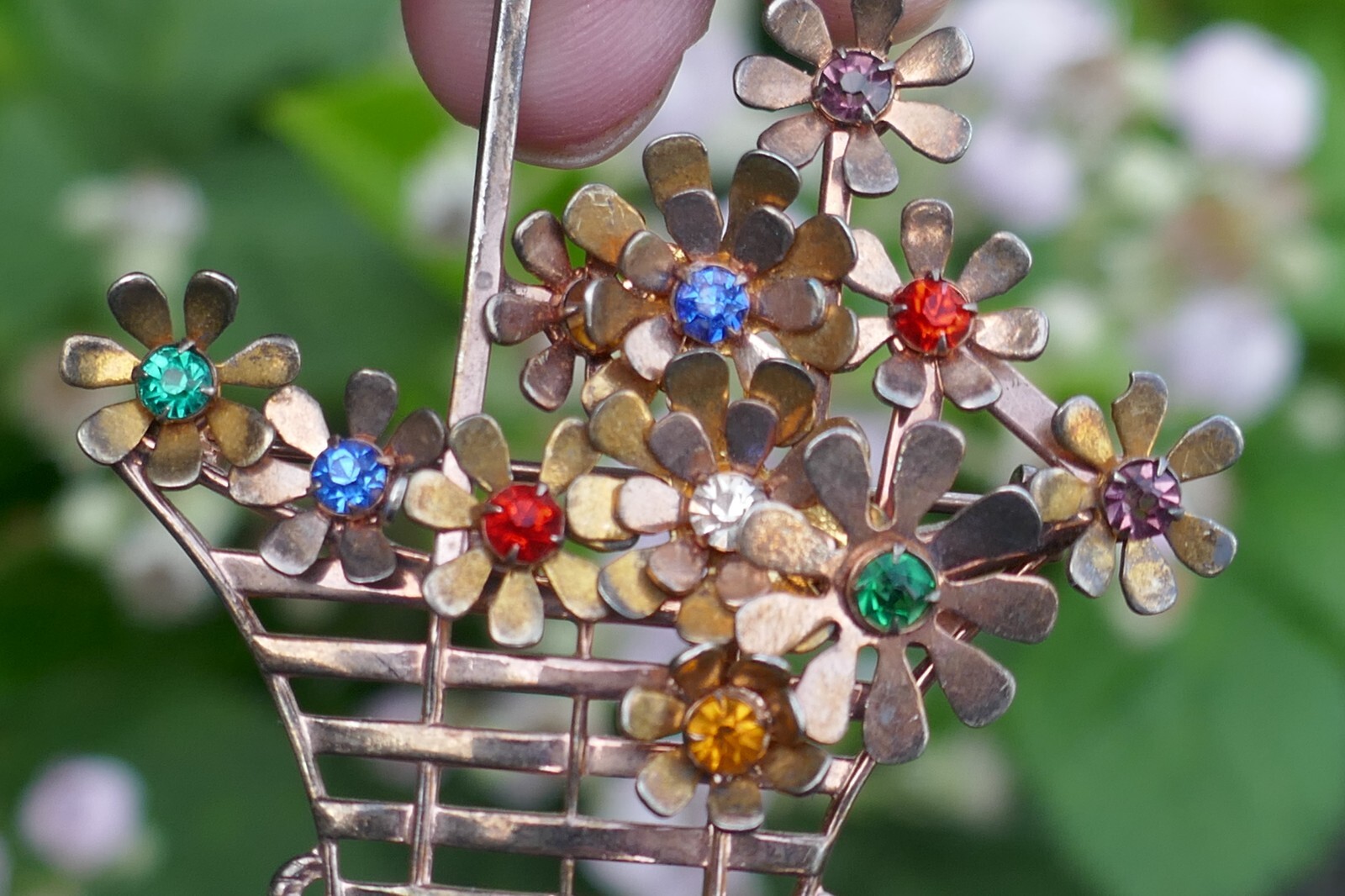 Vintage Designer Jay Kel Vermeiled Sterling & Stone Flower’s In Basket Brooch