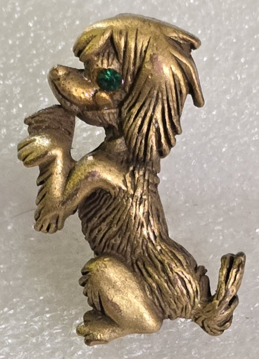 Vintage Green Rhinestone Eye Figural Begging Sitting Dog Canine Brooch