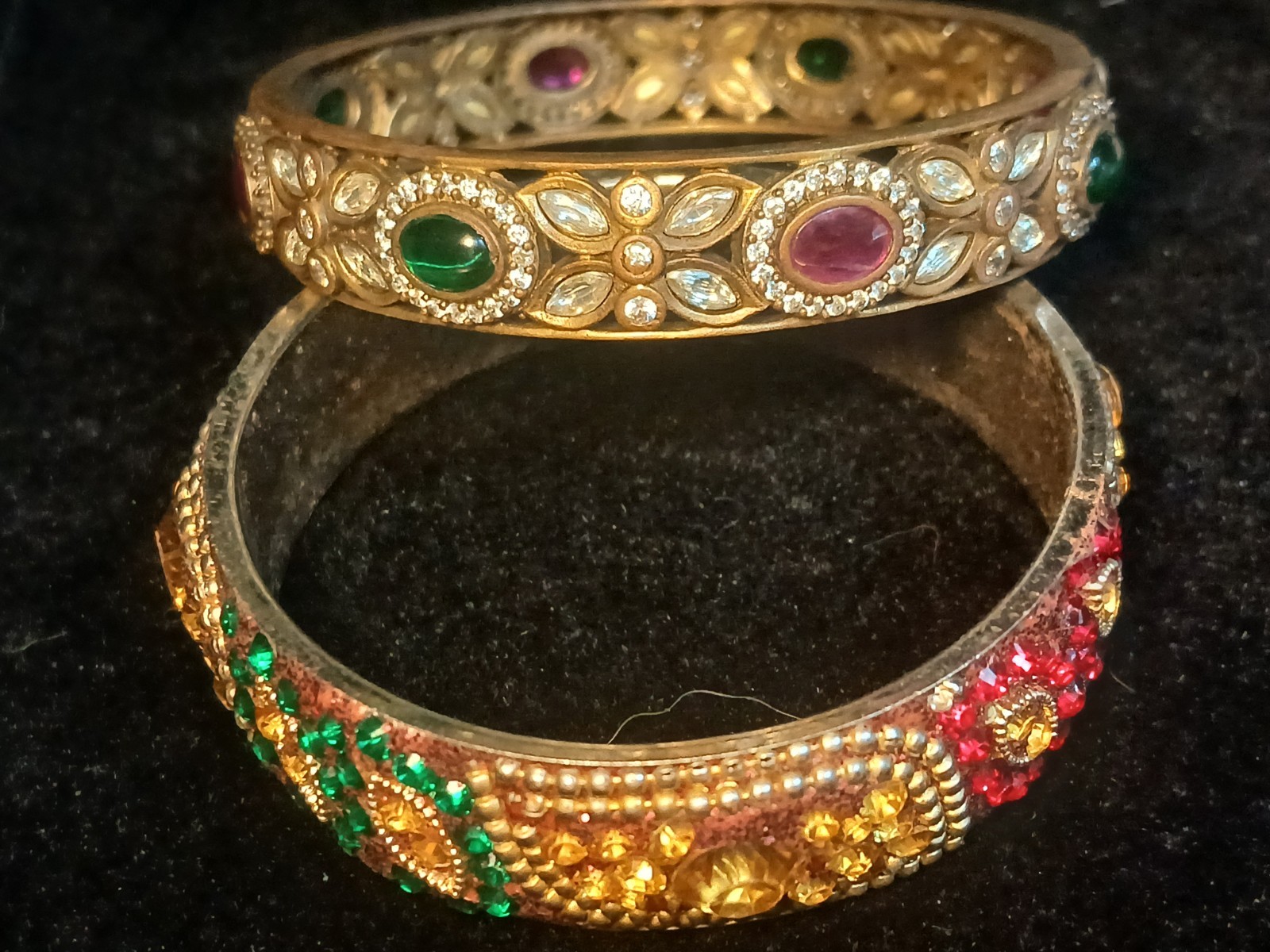 Two Vintage Multi-Color Rhinestone Indian Style Bangle Bracelet 2.5″ Diameter