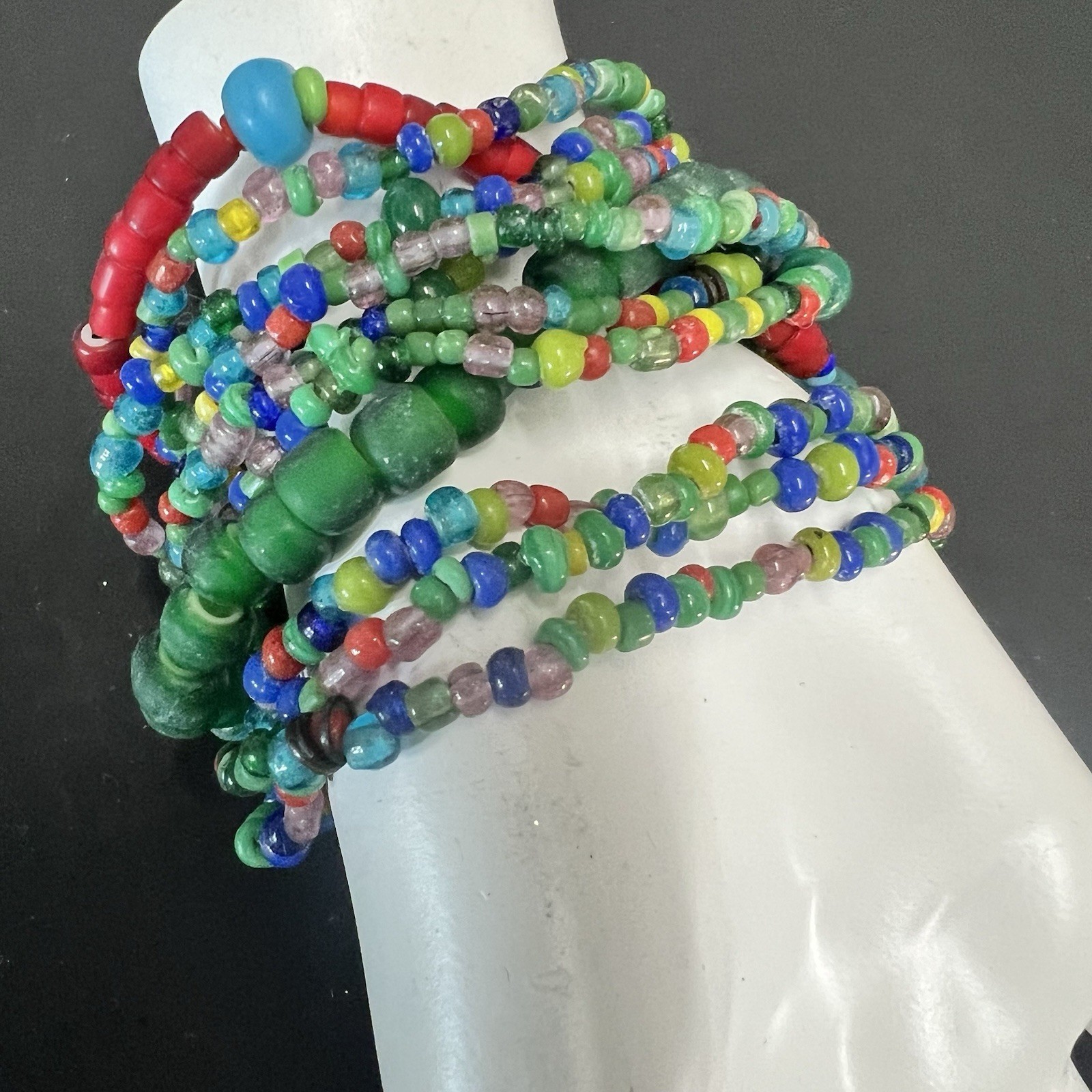 T. FOREE African Trade Multi Strand Glass Beaded Bracelet Sterling Silver 7.5″