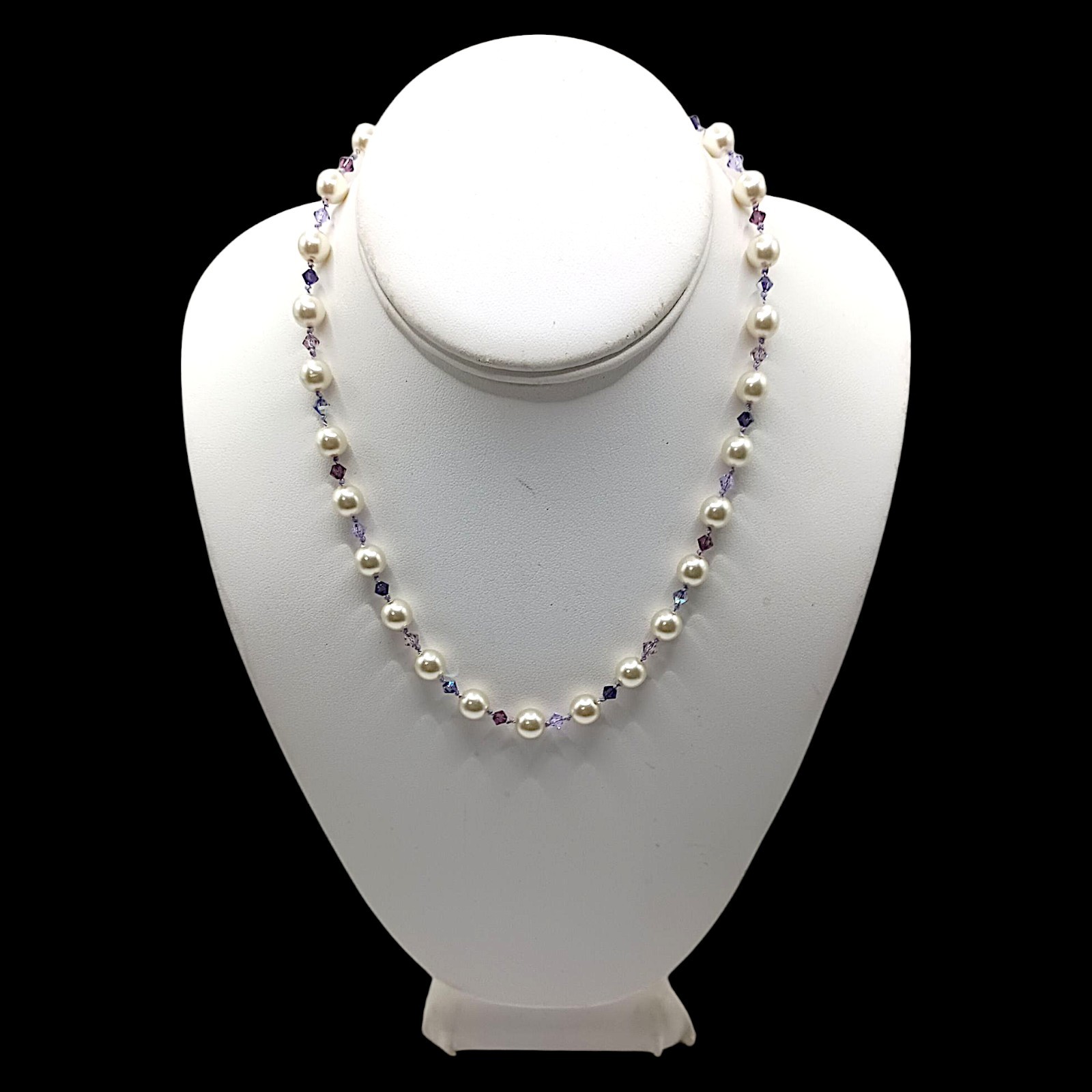 Vintage Purple Crystal Faux Pearl Necklace Beaded Hand Knotted Sterling Silver