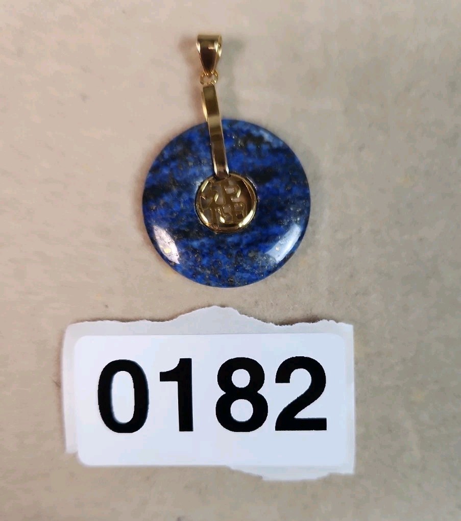 Beautiful Gold Tone Lapis Circle/Good Fortune Pendant Only