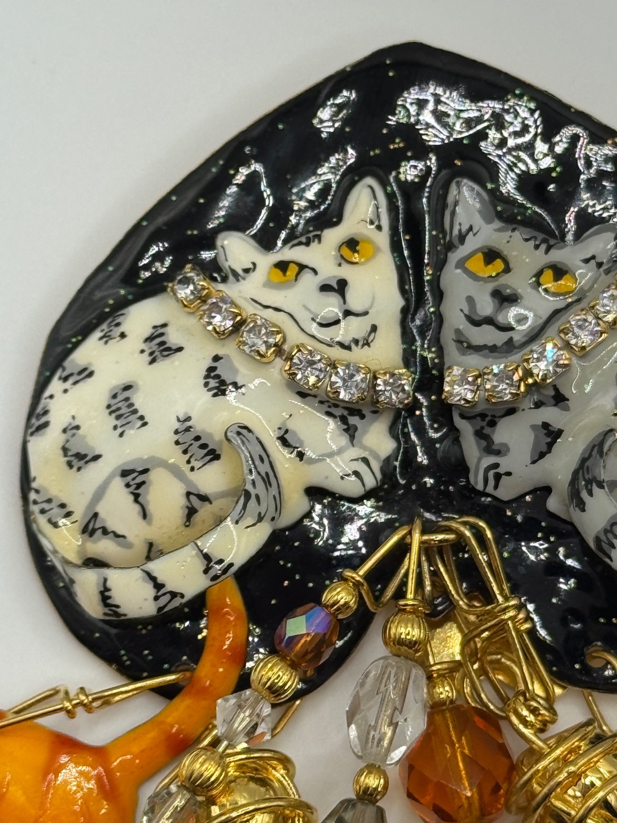 Lunch At The Ritz Cat Rhinestone Enamel Dangle Brooch