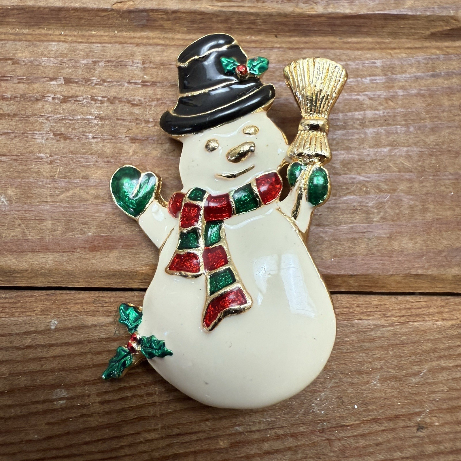 Vintage Snowman Brooch Pin Gold Tone Enameled Christmas Holiday Winter XMAS