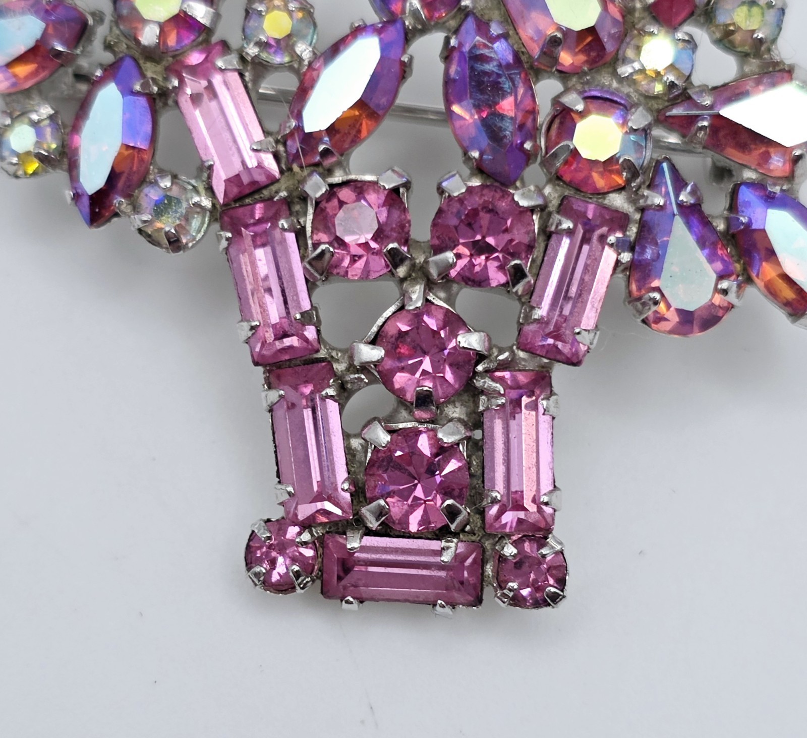 Vtg Signed Weiss Pink Rhinestone Flower Basket Brooch Pin AB Crystal 1950s Rare