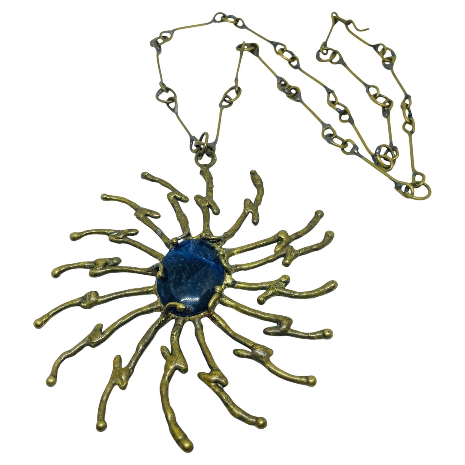 Vintage brass blue stone artisan abstract modernist designer pendant necklace