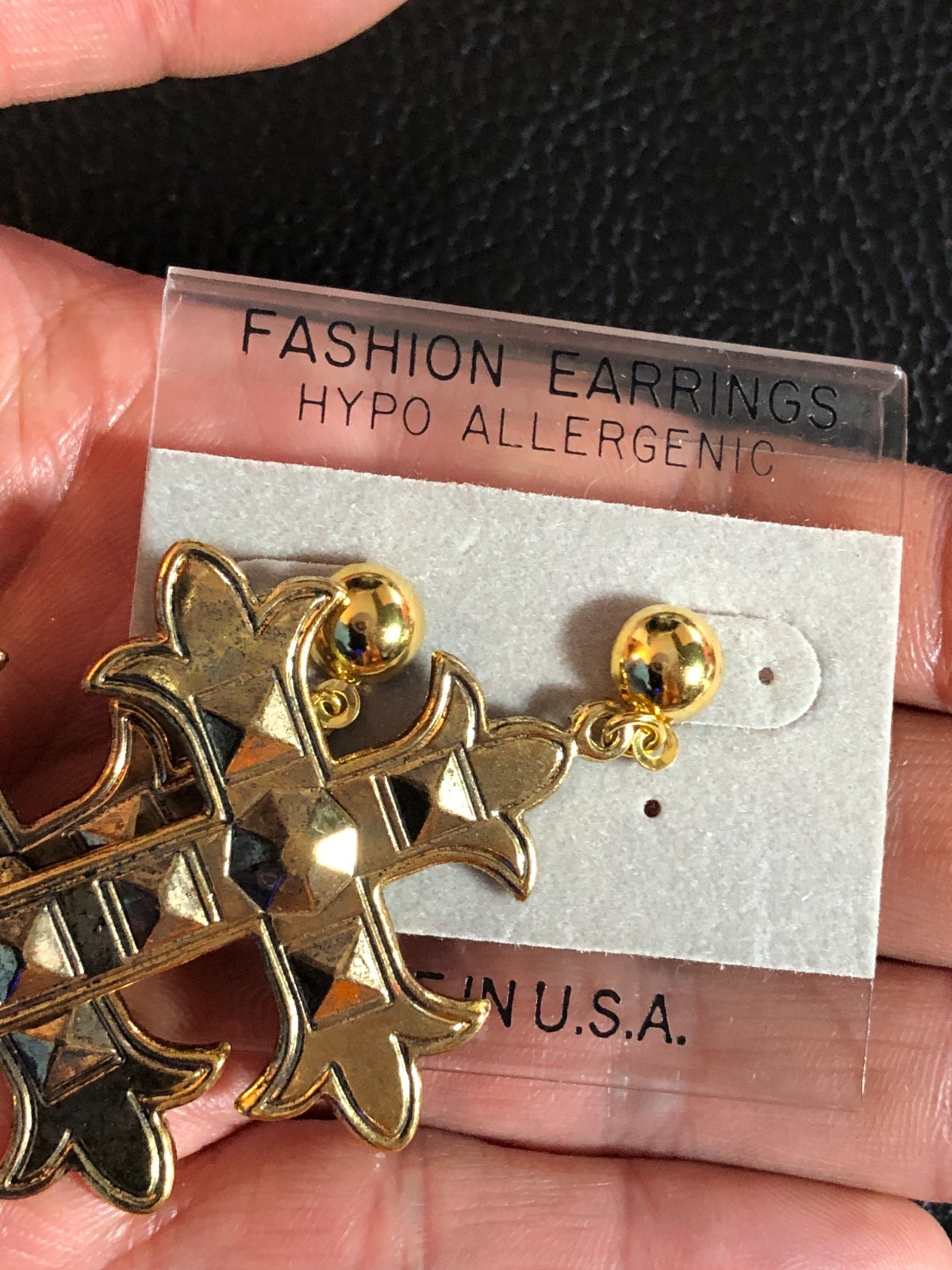 Vintage Gold Cross Earrings Gothic Studded 1980s Rockstar 2.5″ USA NWT 8052