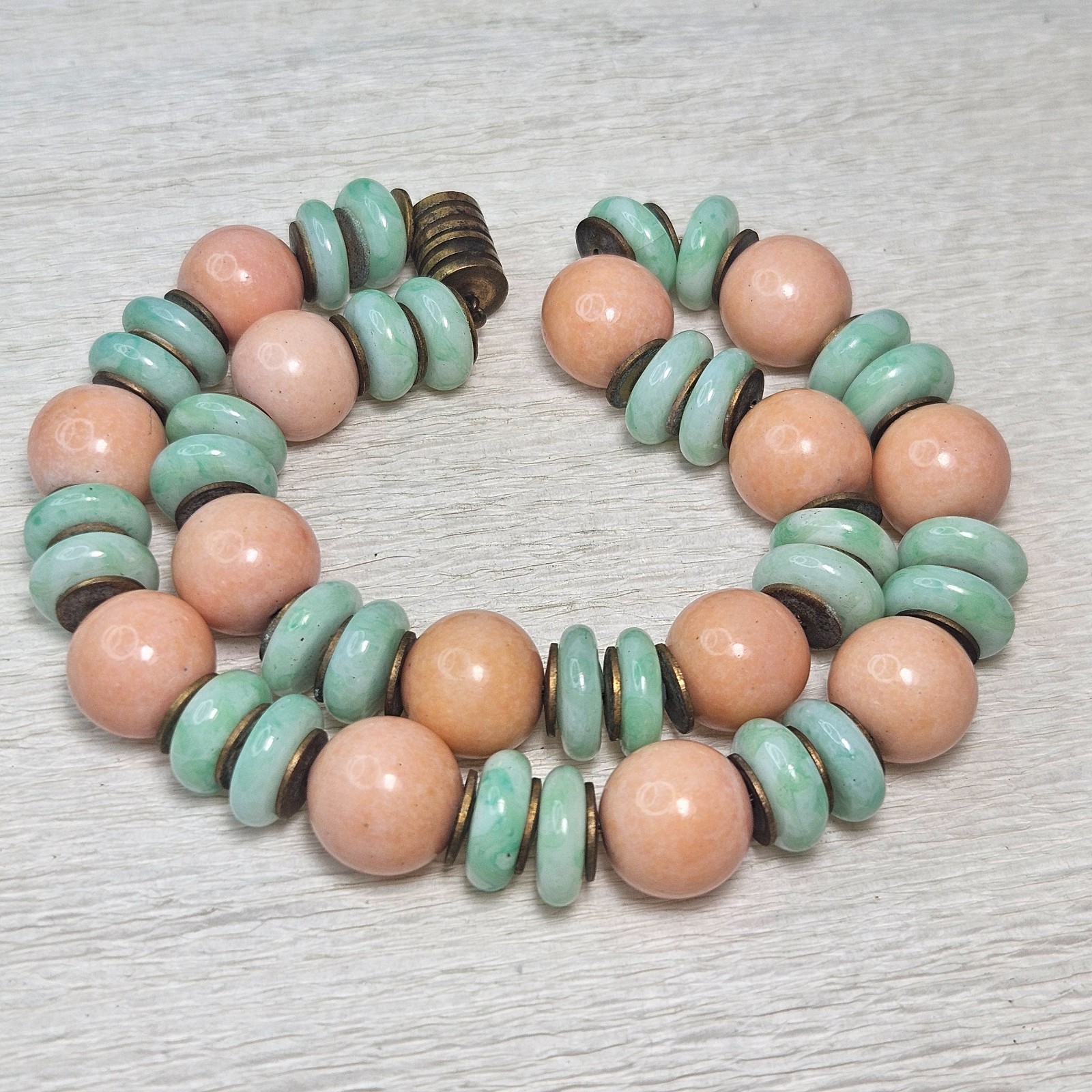 Confirmed ROUSSELET Peach & UV Marbled Green w Brass Discs Glass Bead Necklace