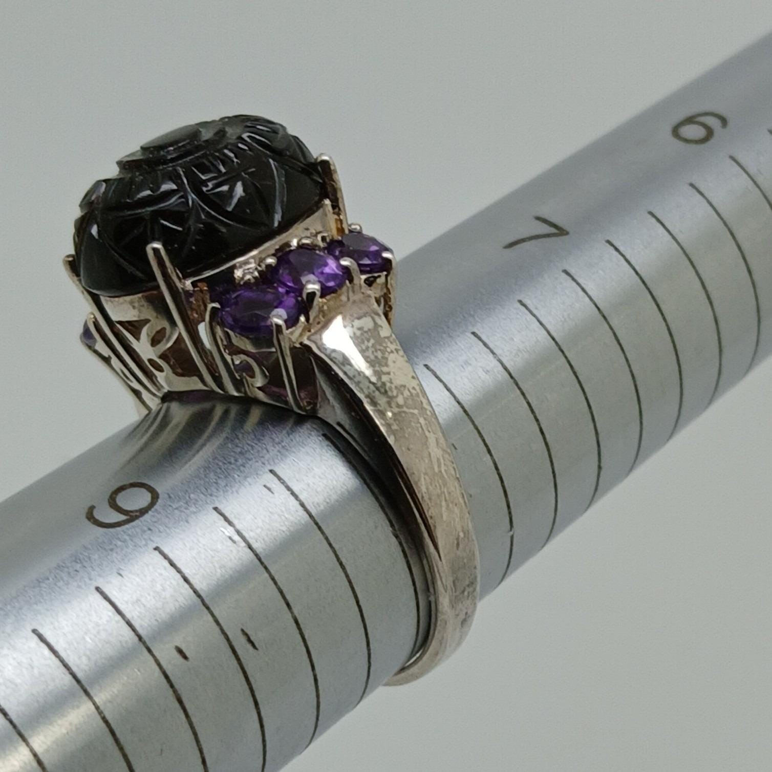 Vintage 1990s Thailand CBS 925 Sterling Silver Carved Onyx Amethyst Ring Size 8