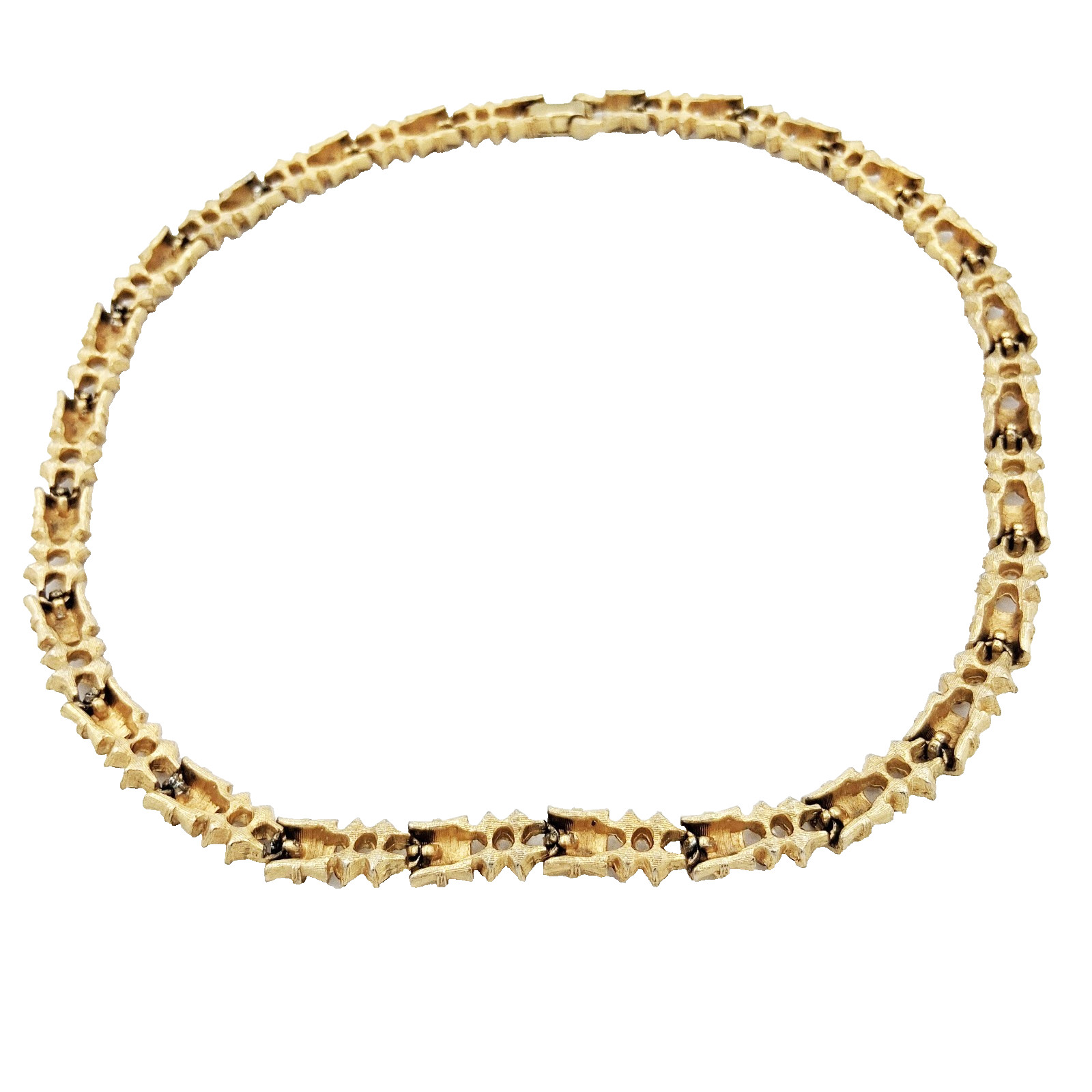 Vtg Gold Tone Link Necklace Amber Color Rhinestones Mid Century Choker 14″