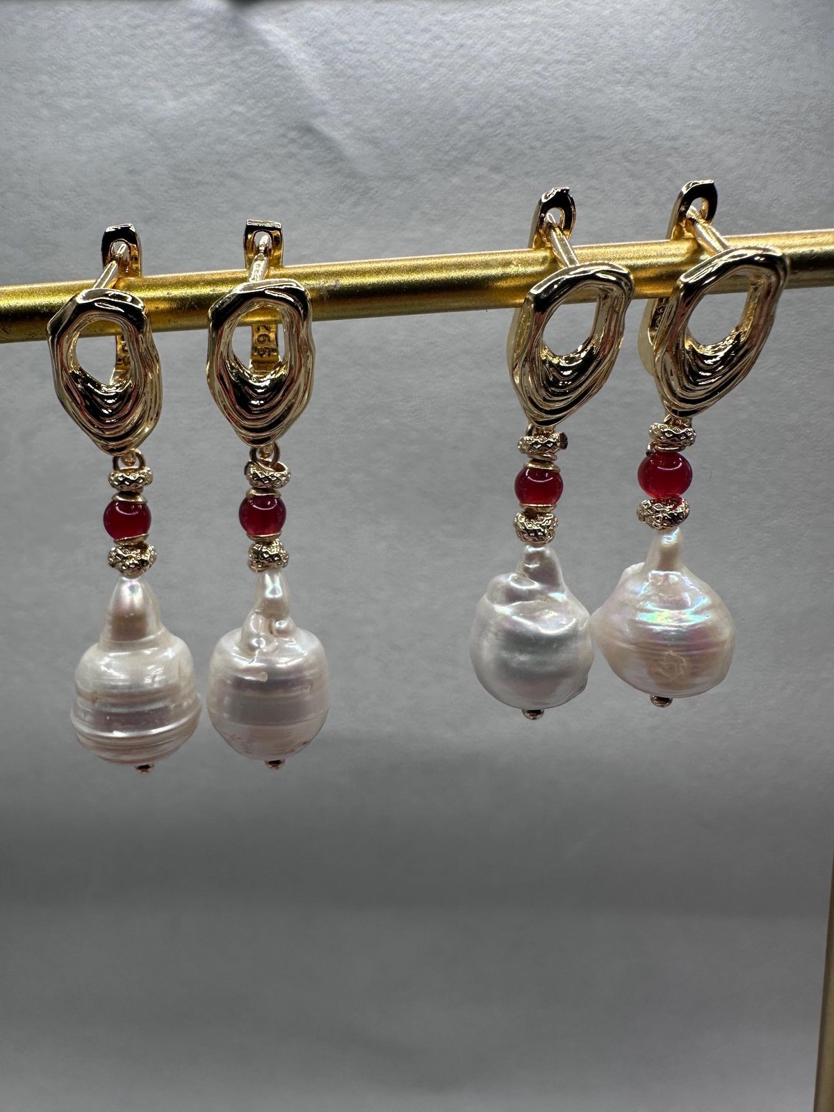 White Baroque Pearl Earrings With Carnelian Accent, Melting Lever back