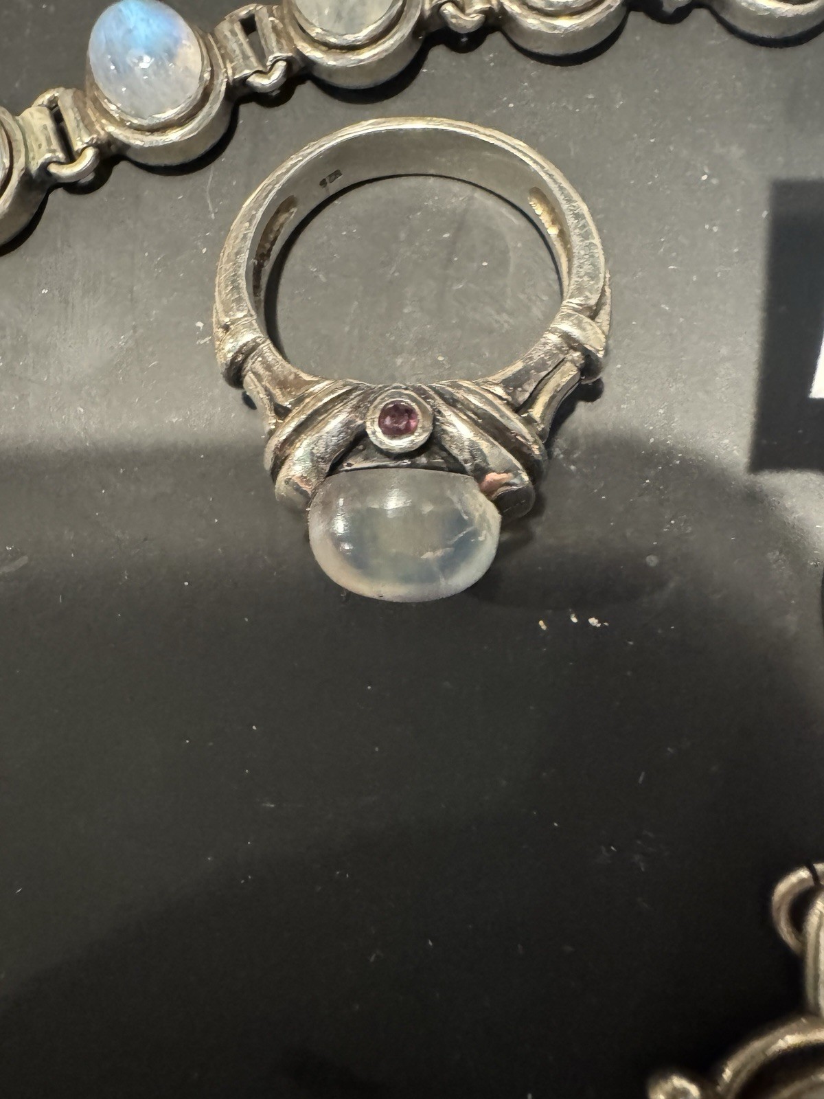 Vintage 925 Sterling Silver Rainbow Moonstone Jewelry Lot Bracelet Ring Earrings