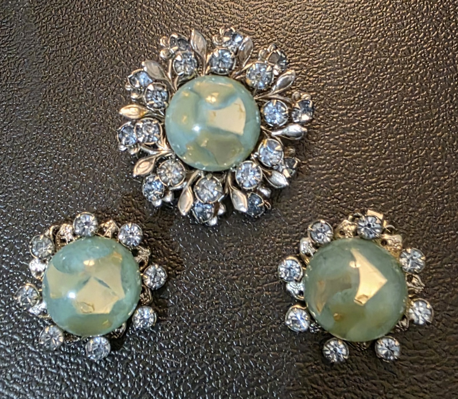 Vintage Cabochon Brooch Pin Earring Set Blue Green Artsy Stone Rhinestones