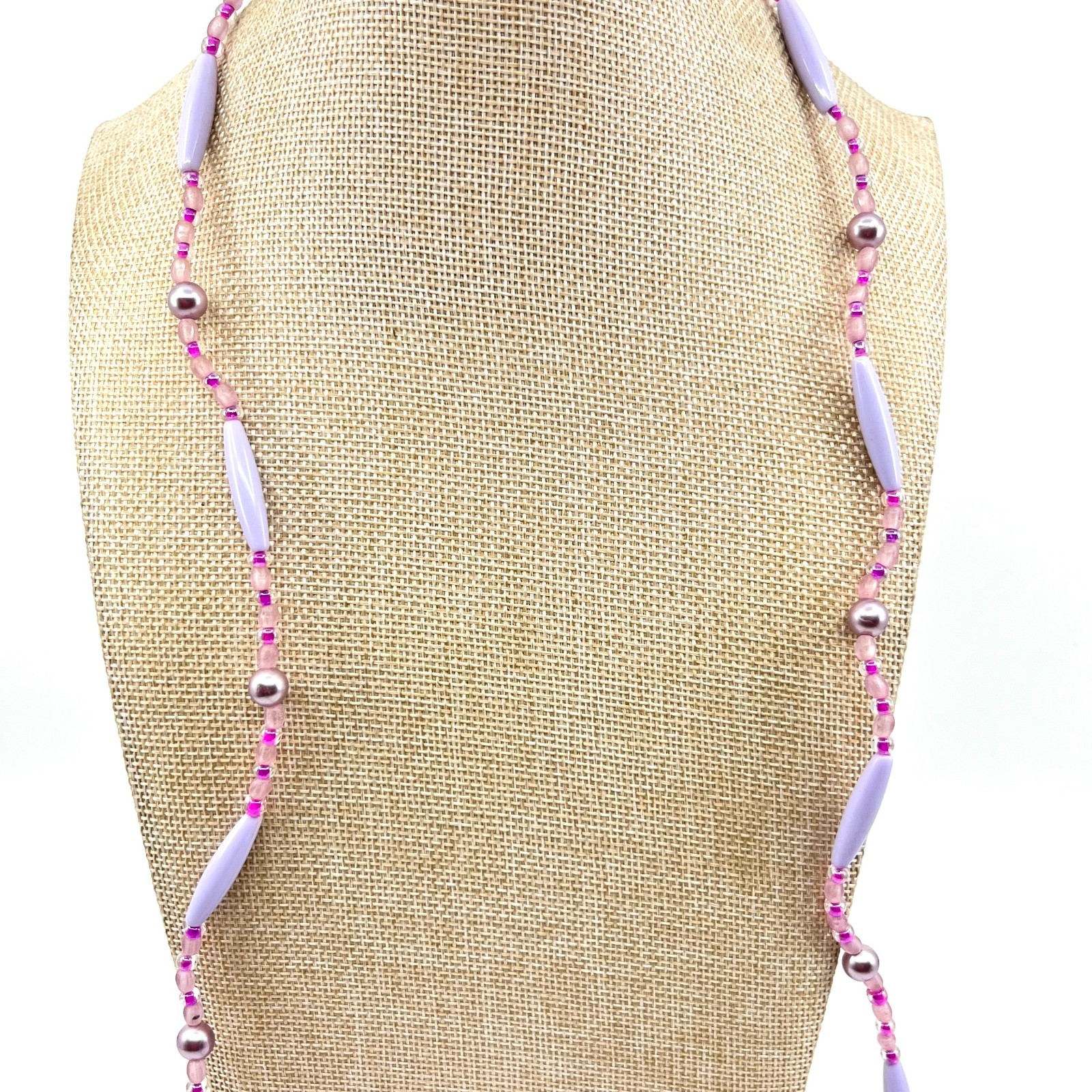 Vintage Lavender Purple Beaded Strand Necklace Long Boho Faux Pearl Mixed Beads