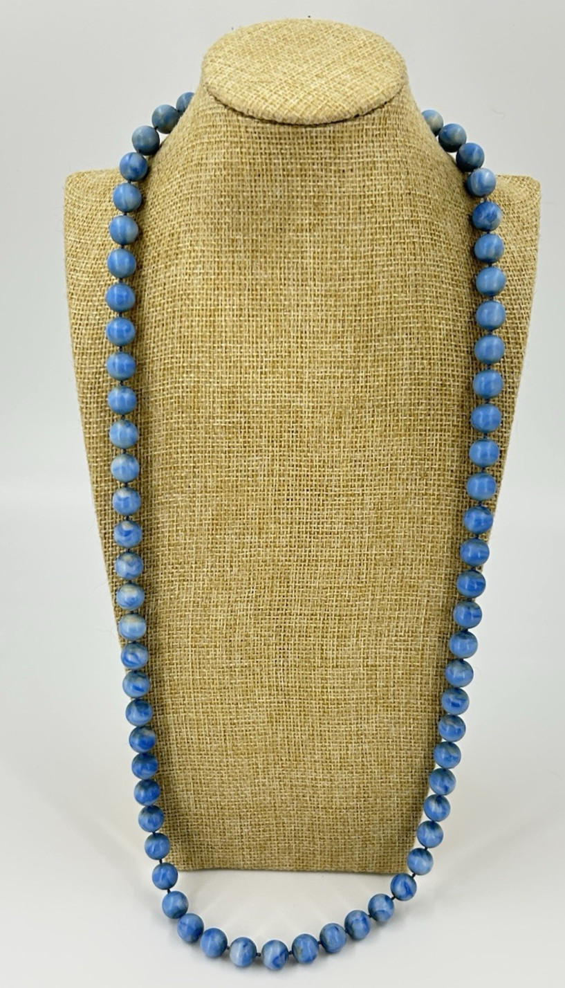 Vintage Blue Swirl Bead Plastic Necklace 30 Inch