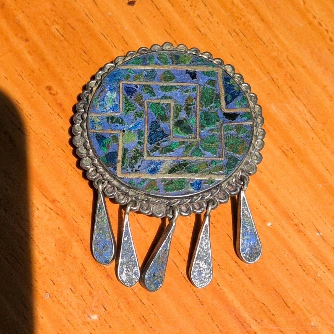Vintage Taxco Mexico Sterling Silver Crushed Turquoise Lapis Brooch Pendant .925
