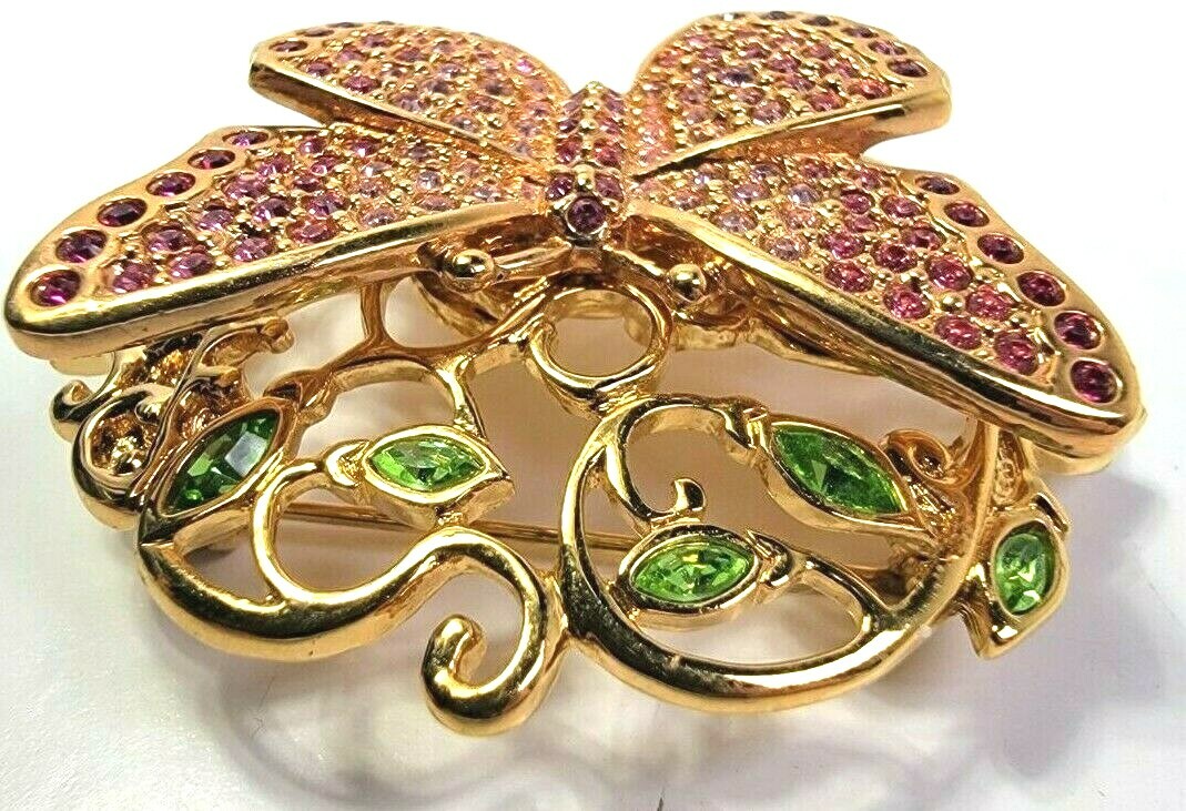 2002 Swarovski Swan Mark Signed Butterfly Brooch Pin Pink Green Rhinestones