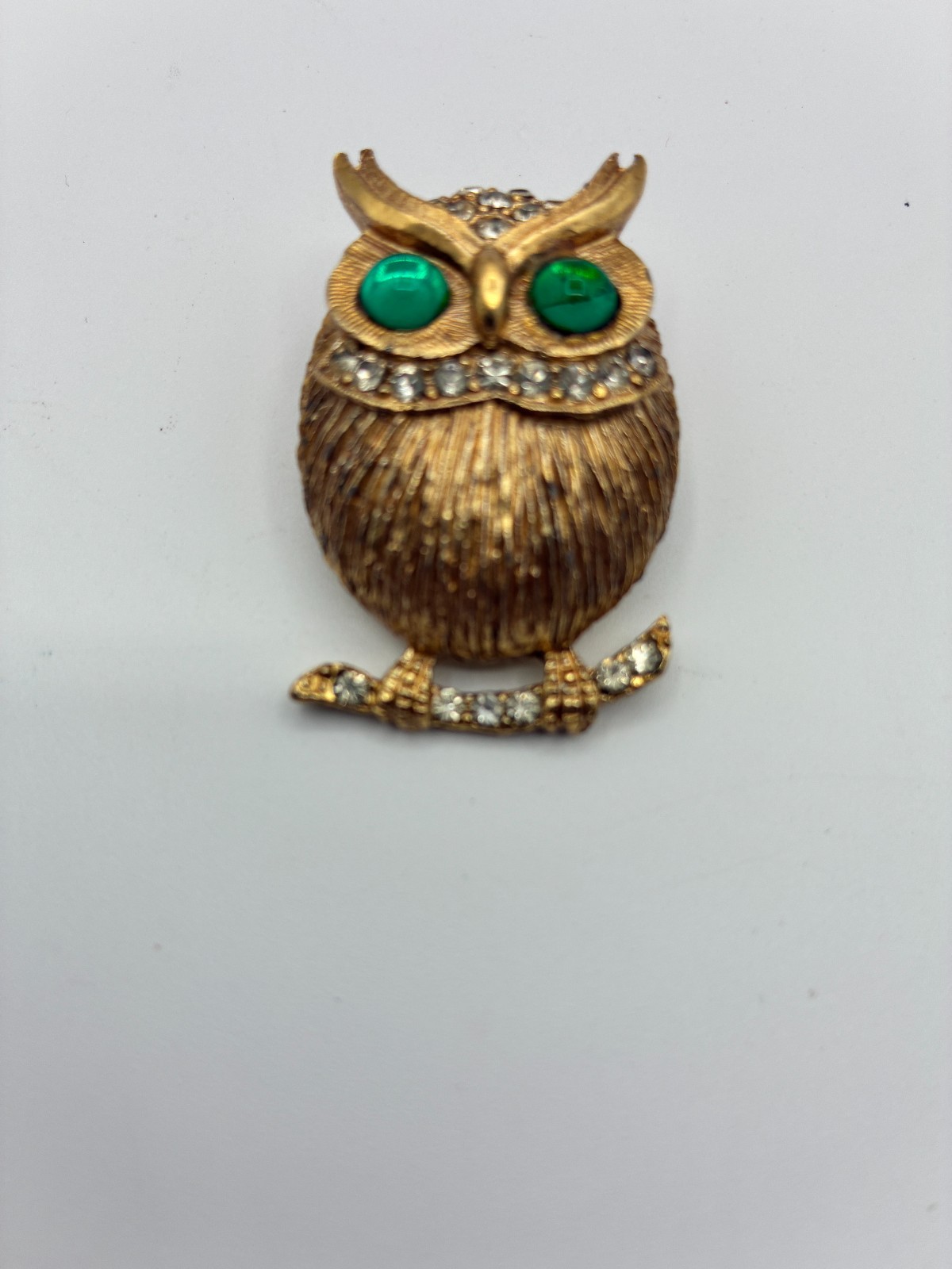 Vintage Gold Tone Owl Brooch Pin Rhinestone Green Eye Gems Mid Century