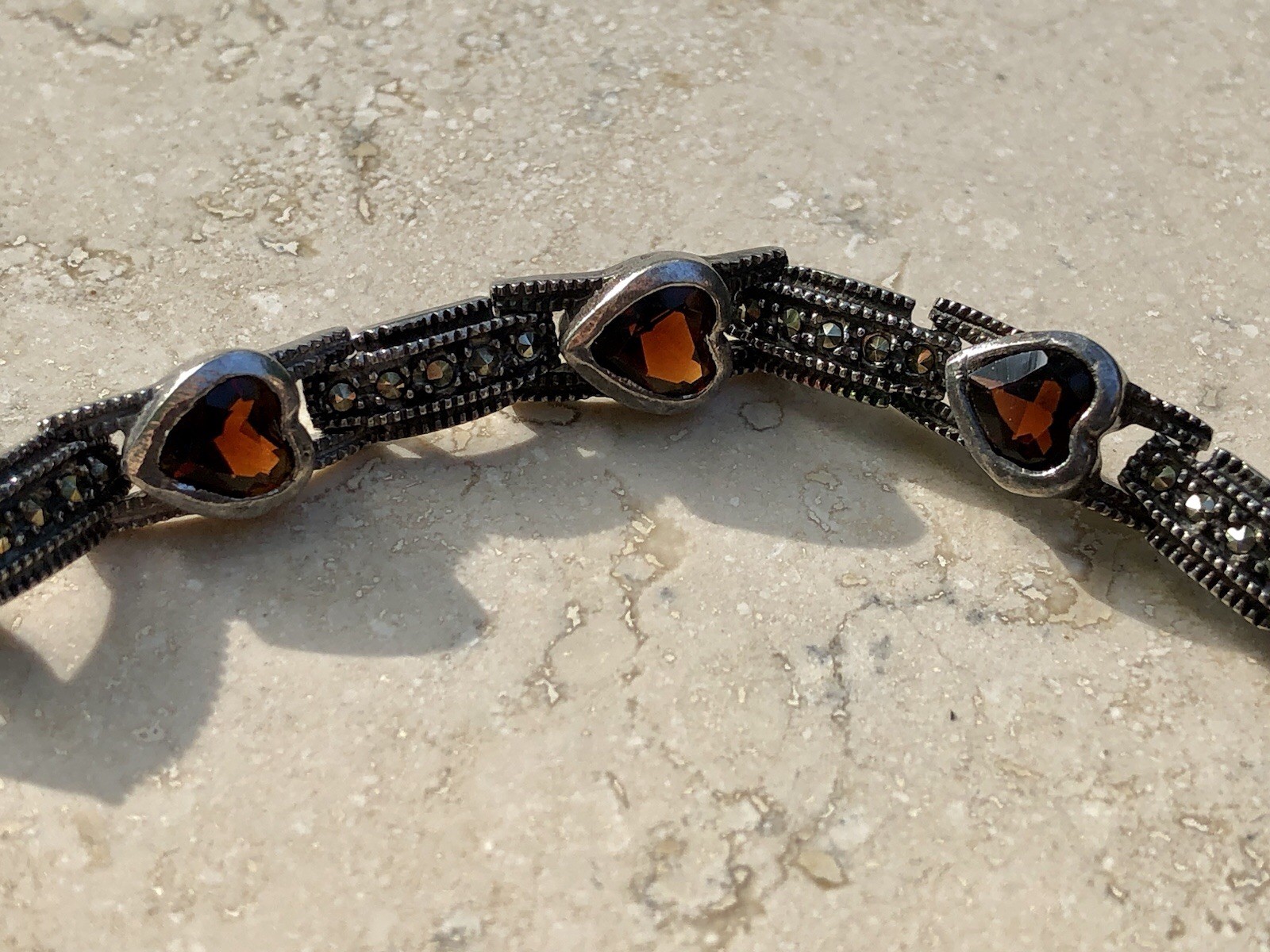 ❤️✨Genuine VINTAGE STERLING SILVER MARCASITE GARNET HEART ESTATE Tennis Bracelet