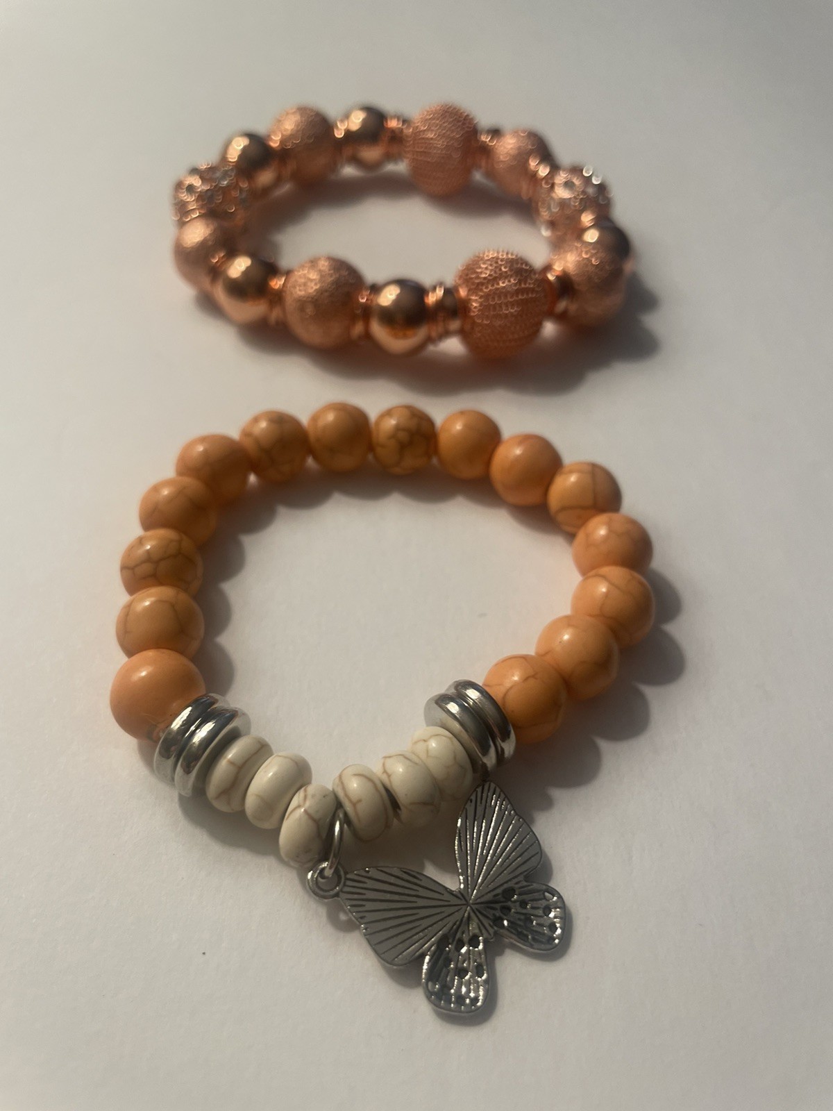 Peach & Marble Stretchy Set Of 2 Chunky Bracelets Butterfly Charm