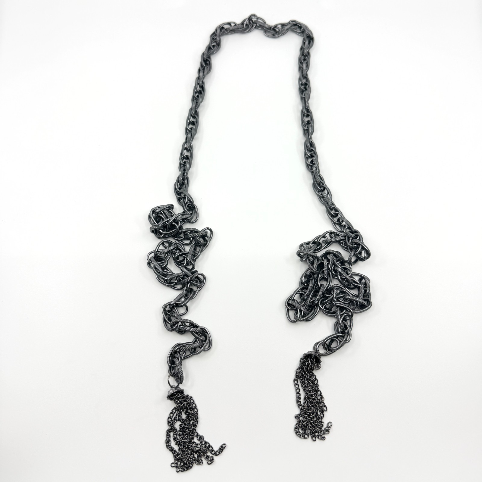 Vintage Gunmetal Tone Lariat Necklace Chunky Chain Tassel Scarf Wrap Gothic Boho