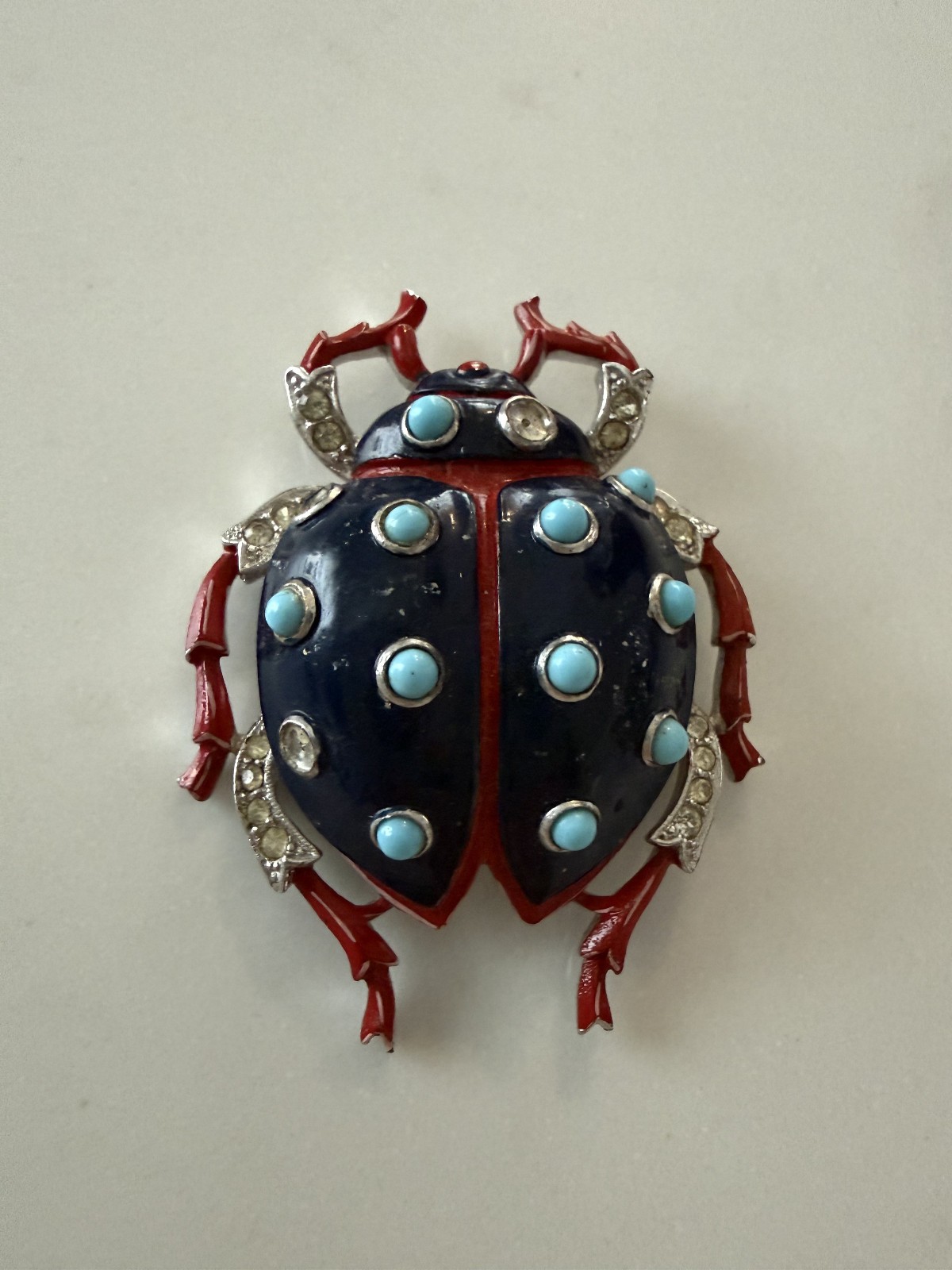 Trifari ‘Alfred Philippe’ Pave Navy Enamel/Turquoise Cabochons Ladybug Pin Clip