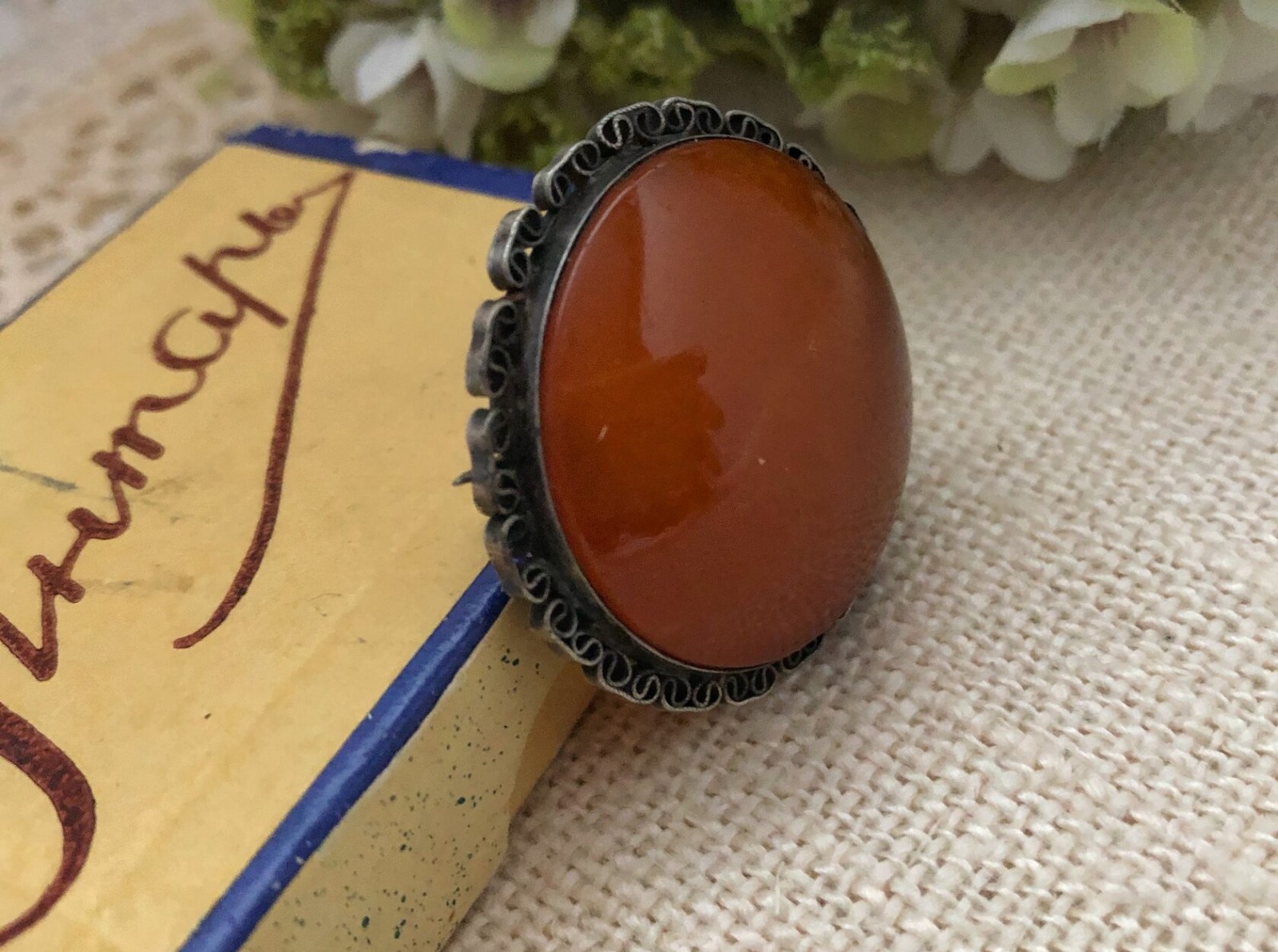Estate Jewelry Rare Soviet Vintage Brooch Sterling Silver 875 Amber Stone USSR