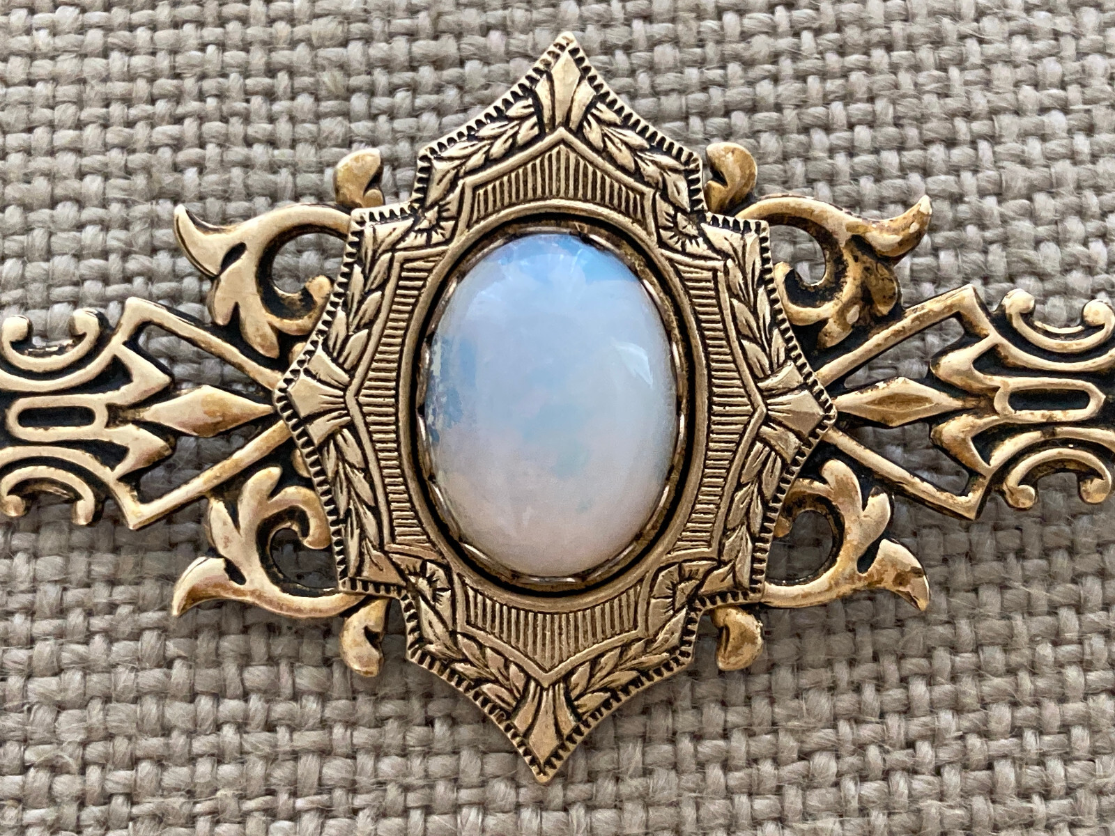 Brooch Brass Cabochon Mood Moon Stone Filigree Floral Shield Vintage 60s