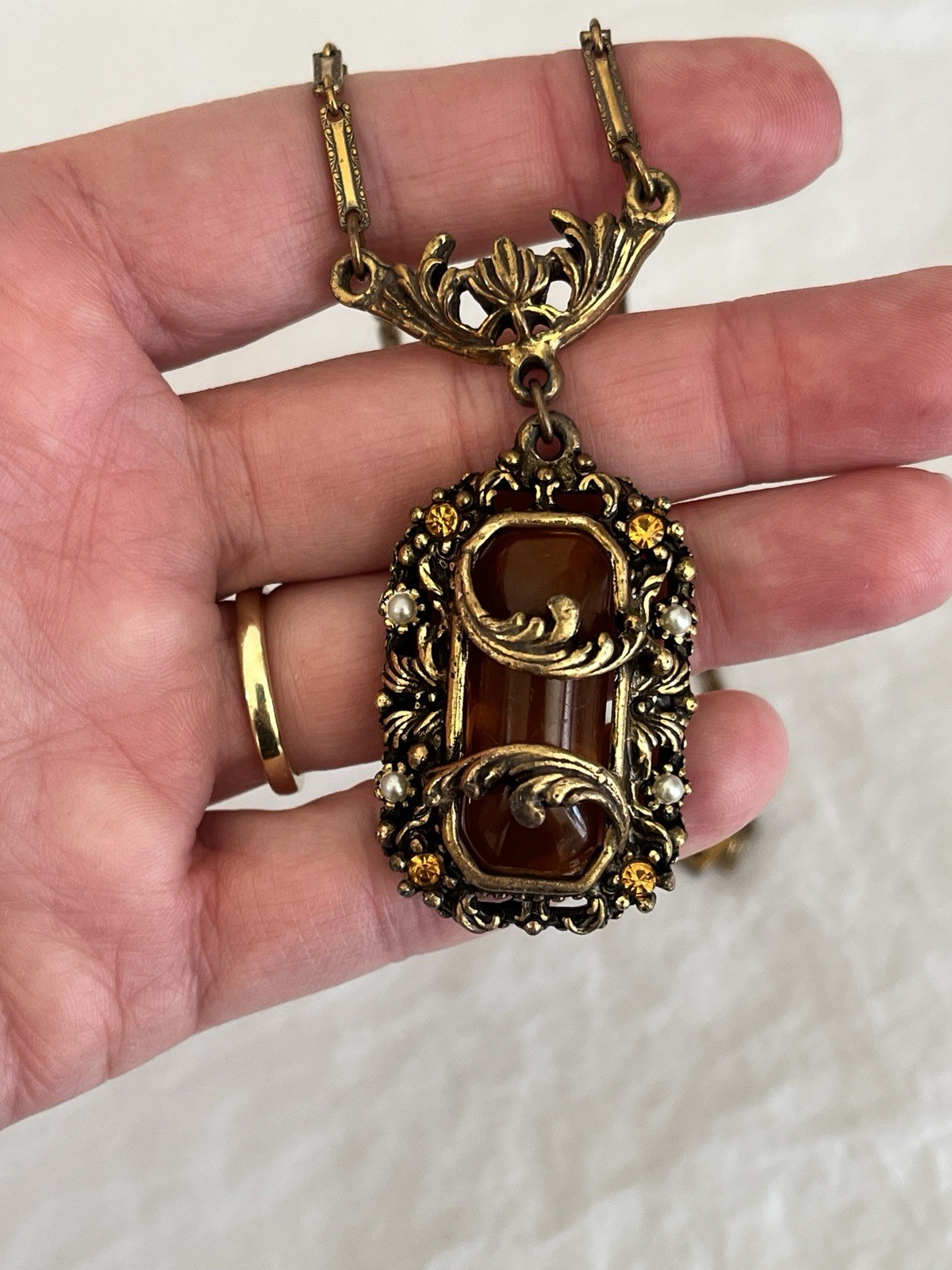Vintage Amber Necklace with Filigree Detail Victorian Art Nouveau Czech Style