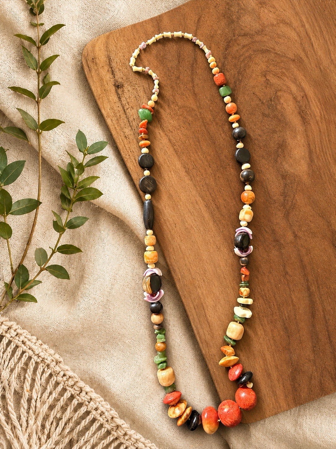Vintage Boho Multicolor Beaded Necklace Wood Stone Shell Statement Necklace