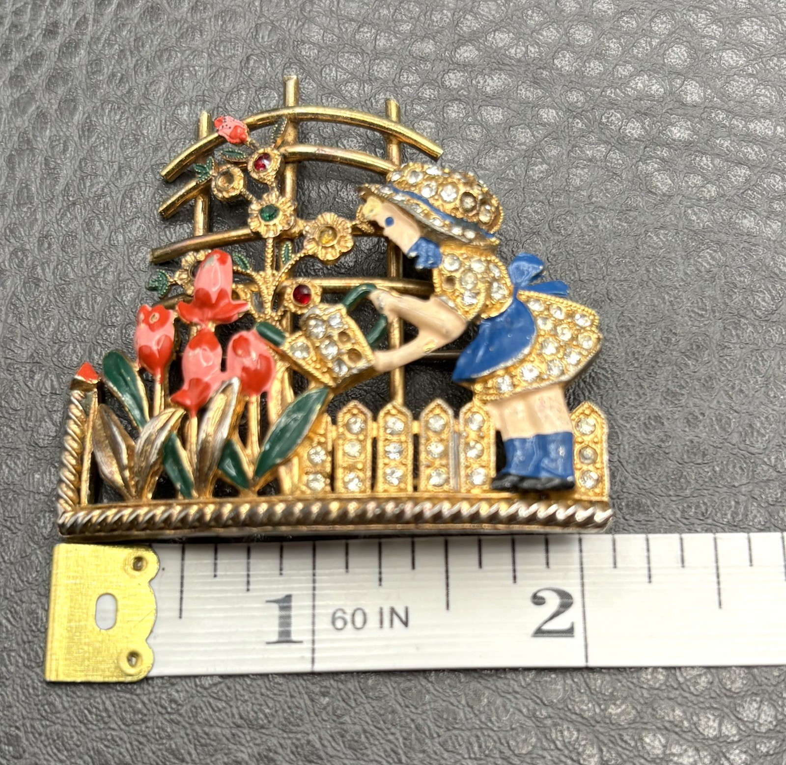 VTG Mistress Mary Enamel Rhinestone Girl Watering Flowers Pot Metal Pin Brooch