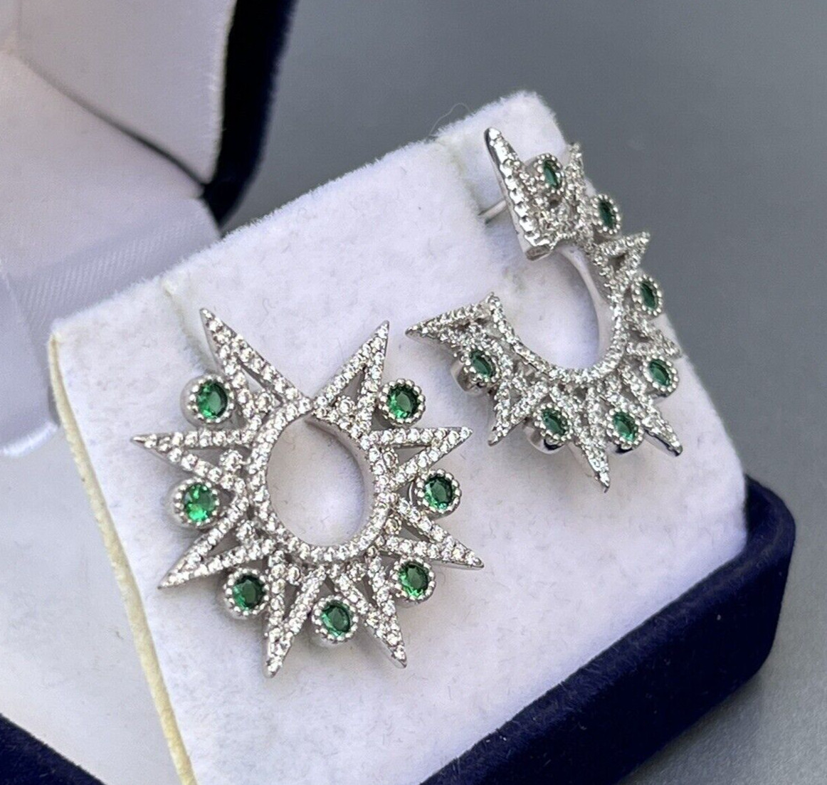 Vtg Sterling Star Point Statement Earrings, Emerald Green & Clear CZ Settings