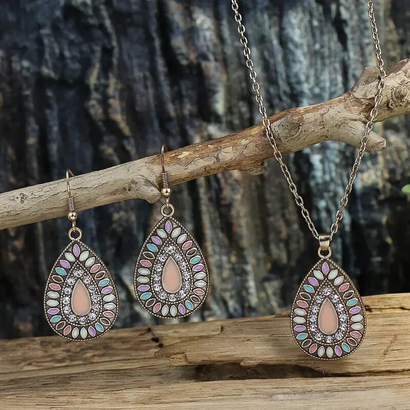 BOHEMIAN STYLE MULTI COLOR PASTEL TEARDROP SHAPED NECKLACE & EARRING SET