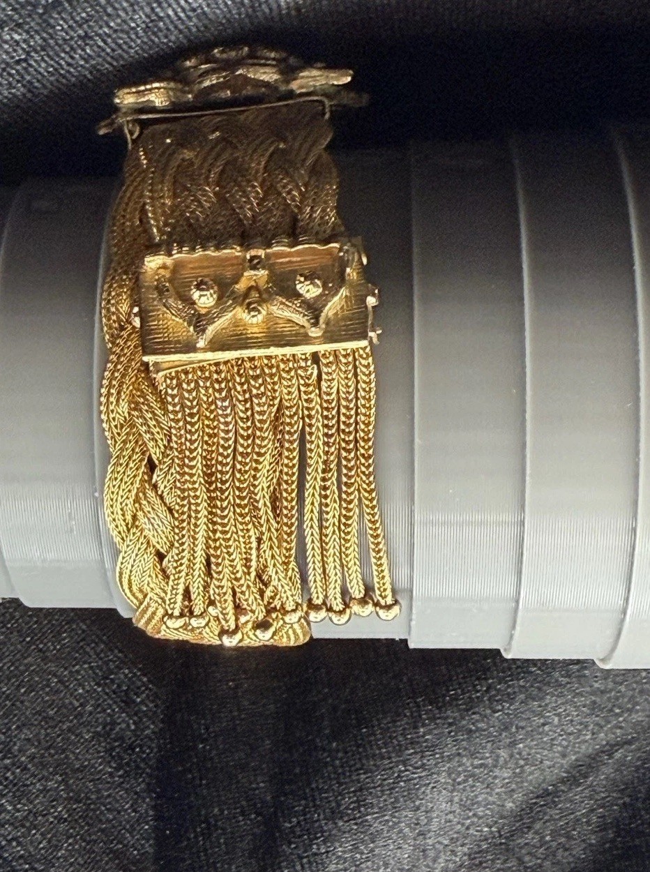 Victorian Antique Gold Filled Woven Mesh Slide Bracelet Tassel Fringe C.1900
