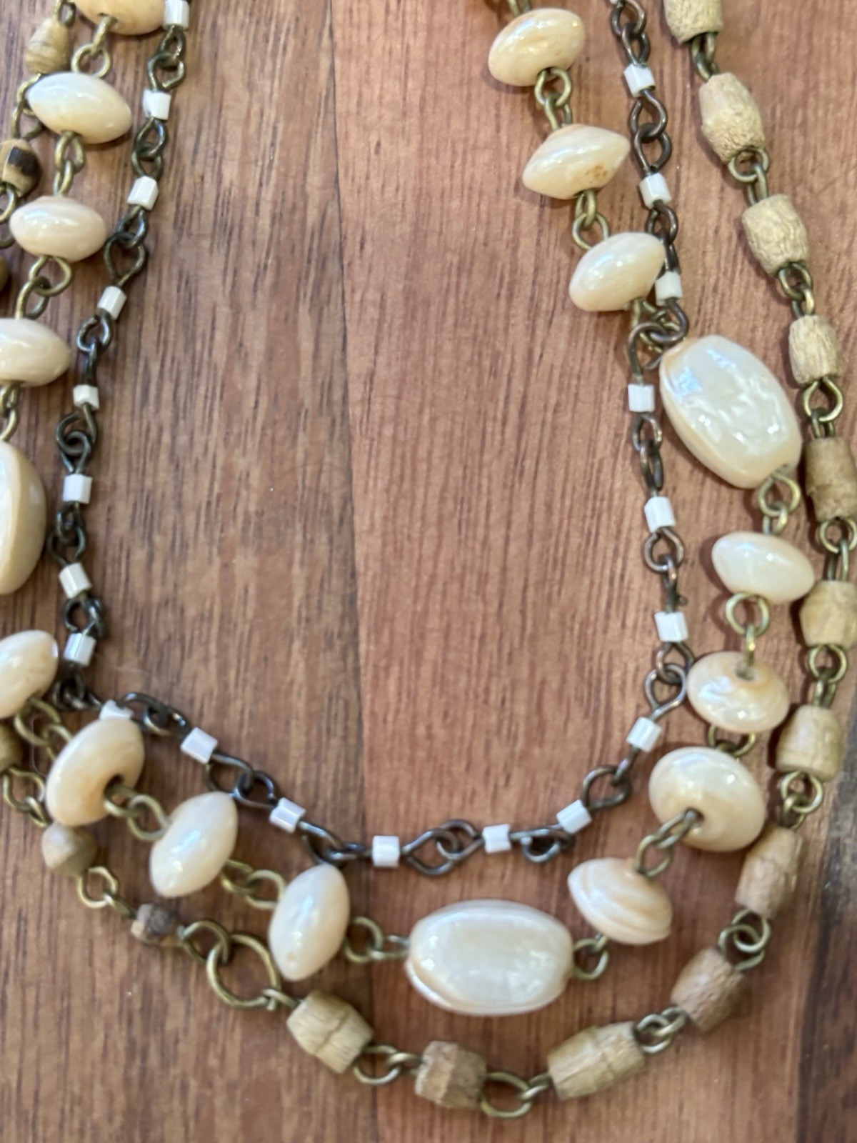 Vintage Boho Layered Multi Strand Cream Bone Bead Rosary Chain Necklace Western