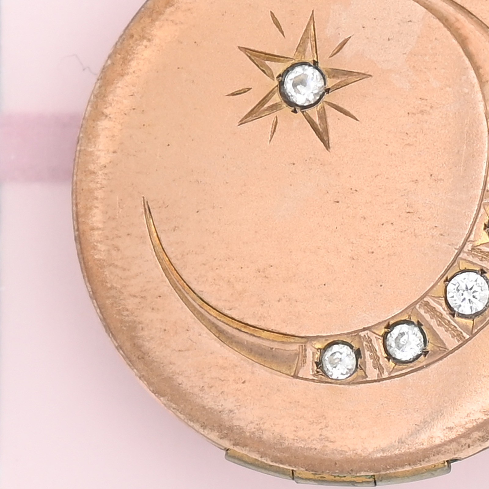 Antique Victorian Crescent Moon Star Rose Gold Filled Paste Pendant Locket