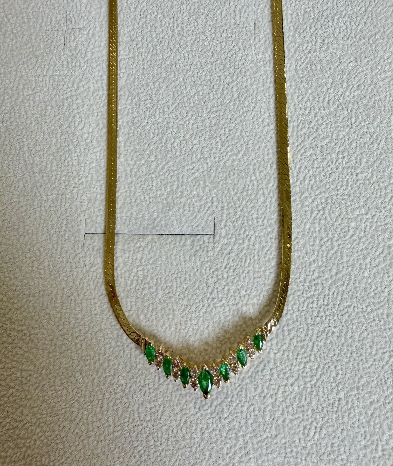 Vintage 14kt Y/Gold Marquise Emerald & Diamond Chevron Necklace 16″, 6.9 grams